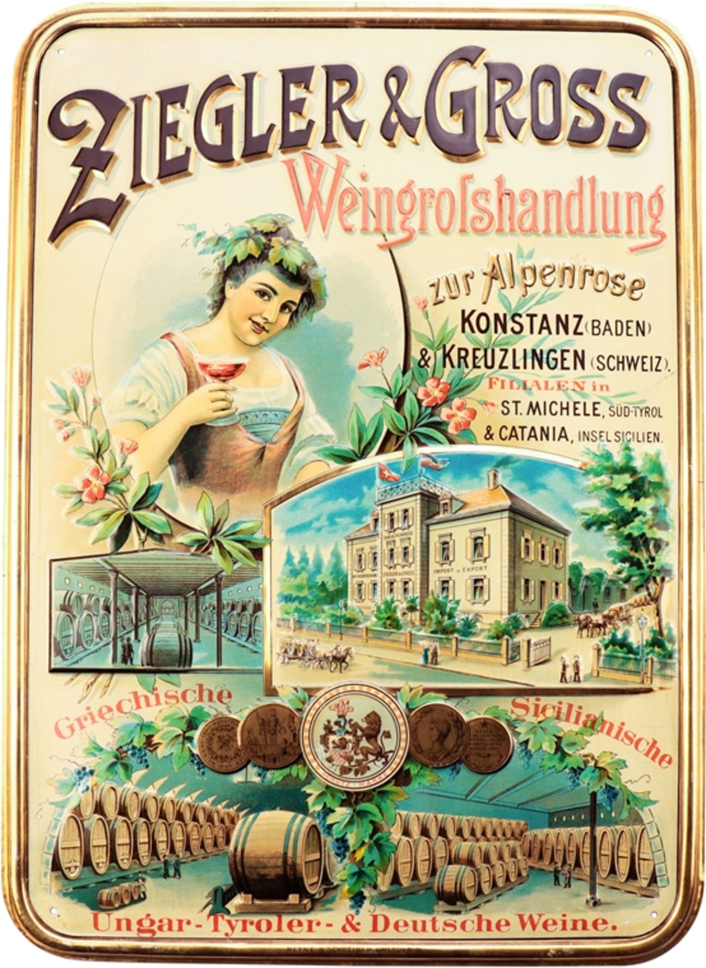 Tin sign Ziegler and Gross wine wholesaler, Constance and Kreuzlingen (Switzerland), around 1900