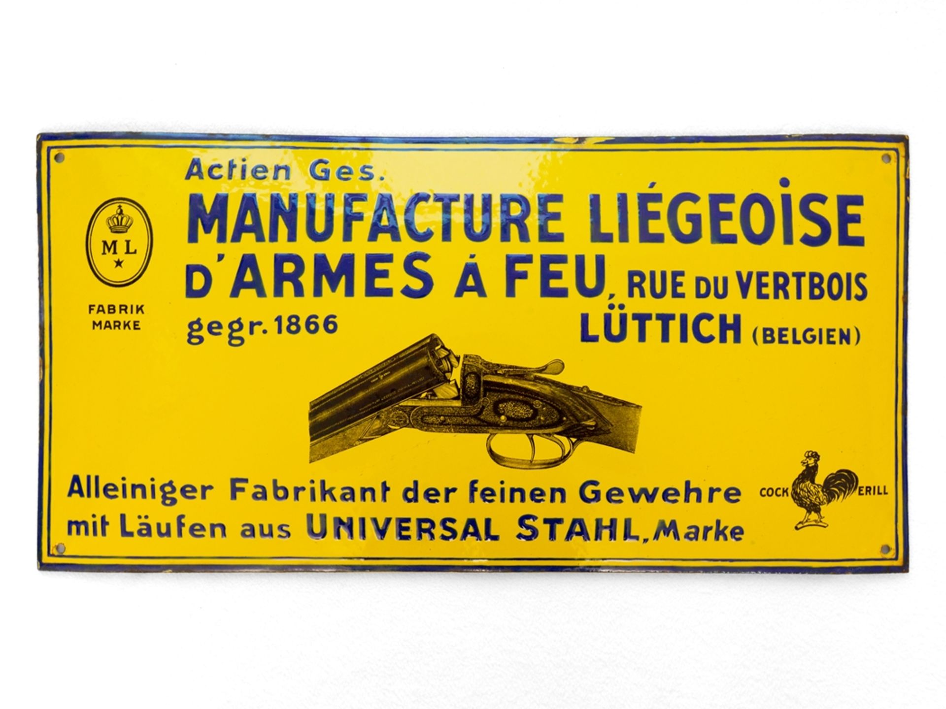 Enamel sign "Feine Gewehre" Manufacture Liegeoise d'armes a feu, Liège/Belgium around 1910 - Image 7 of 7