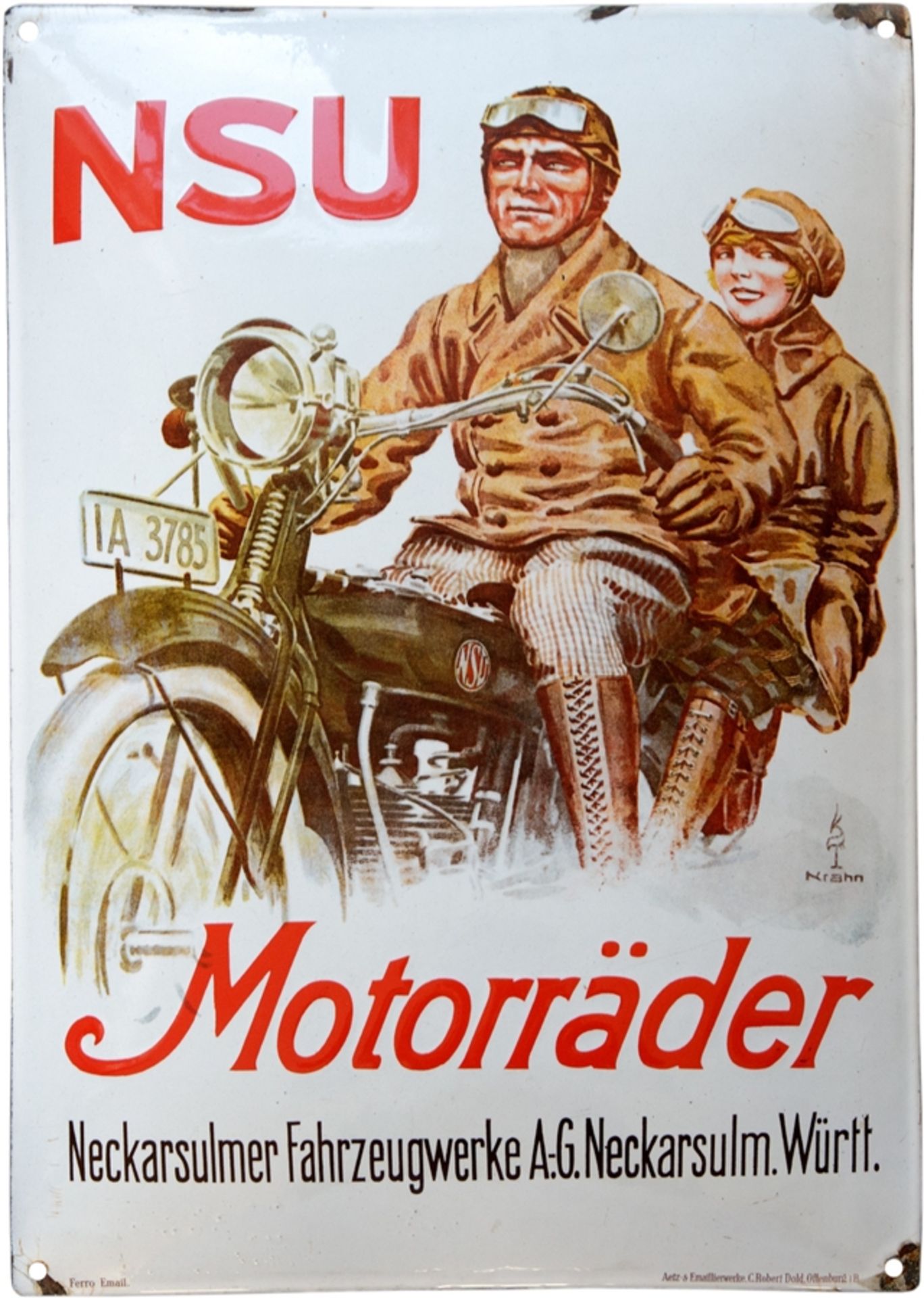 Enamel sign NSU Motorräder, Neckarsulm, around 1920