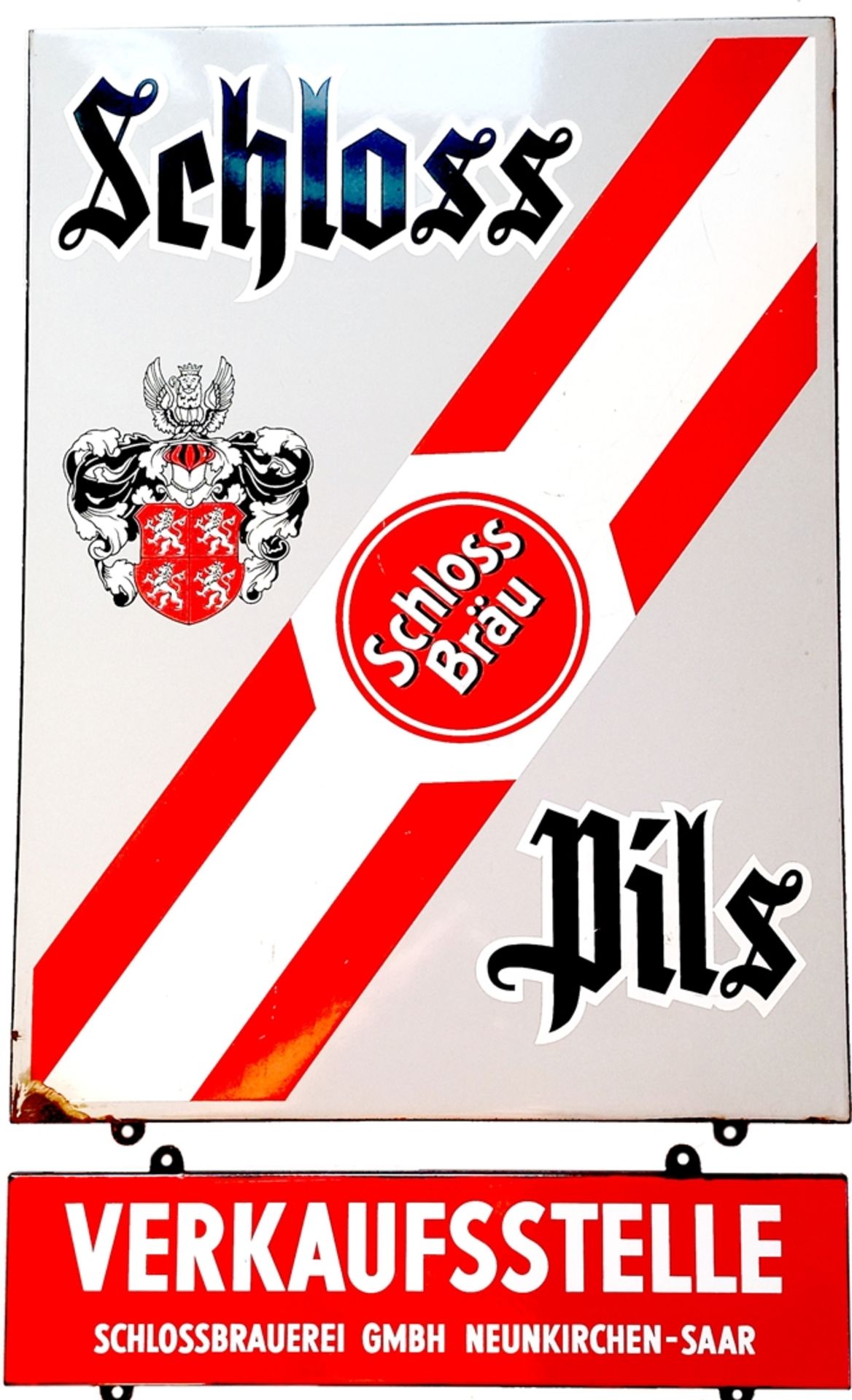 Emailschild Schloss Bräu Pils, Neunkirchen/Saarland, Original, um 1950