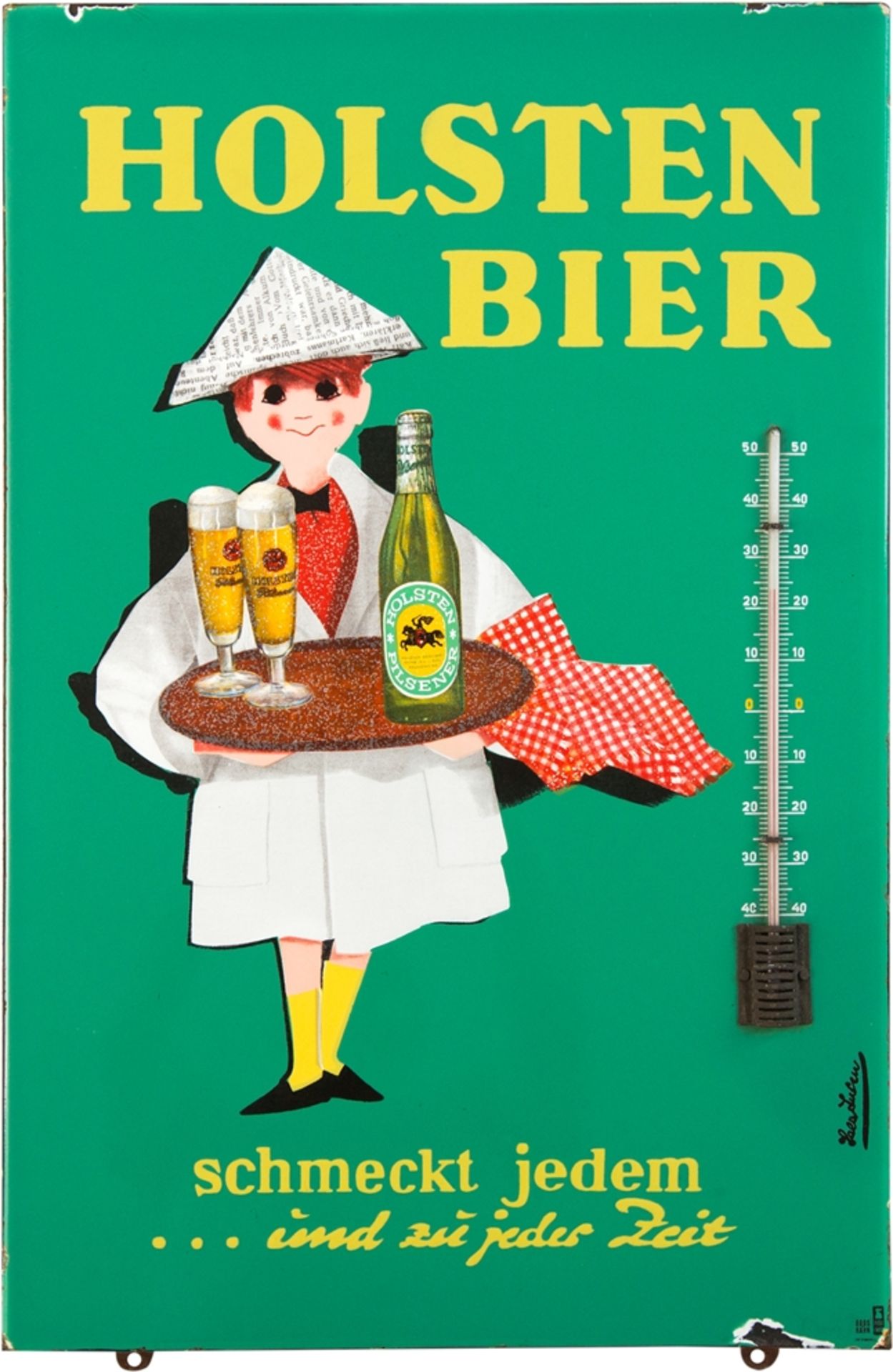 Emailschild Thermometer Holsten Bier, signiert, Hamburg, um 1950