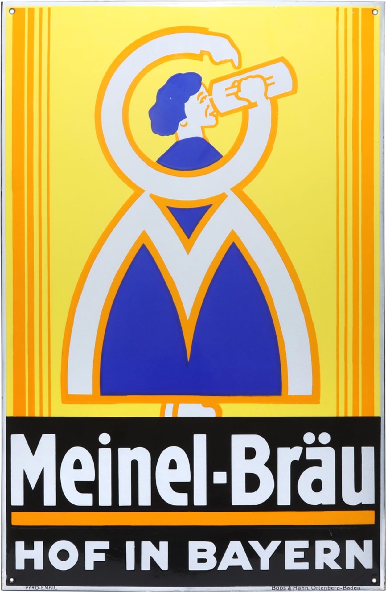 Emailschild Meinel-Bräu, Hof in Bayern, im Traumzustand, um 1930