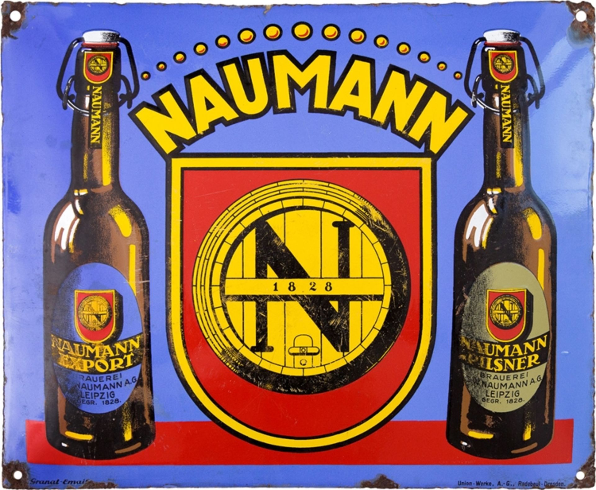 Emailschild Brauerei Naumann, Leipzig, um 1930