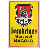 Gambrinus Brewery enamel sign, Nagold, around 1950