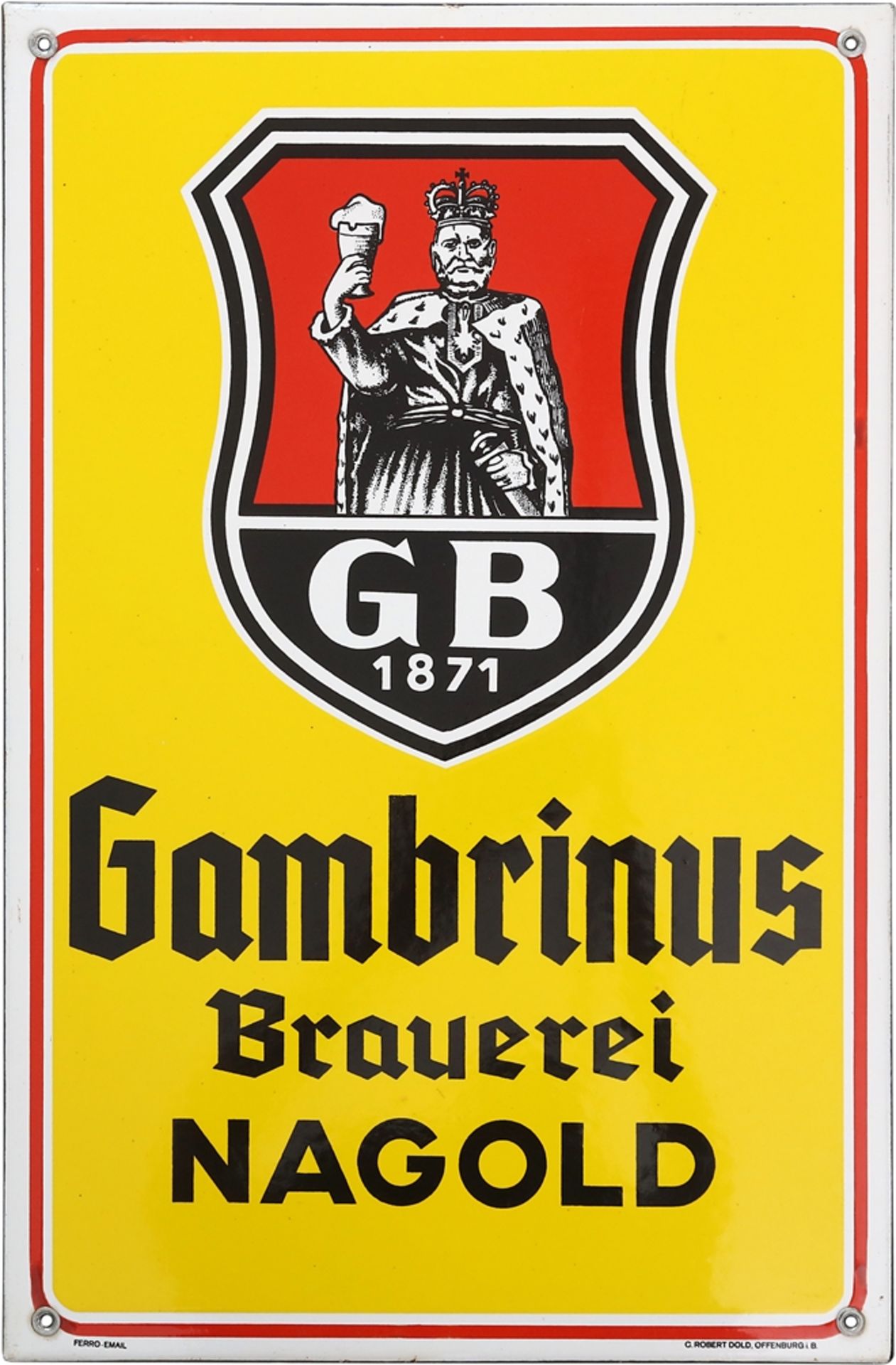 Gambrinus Brewery enamel sign, Nagold, around 1950