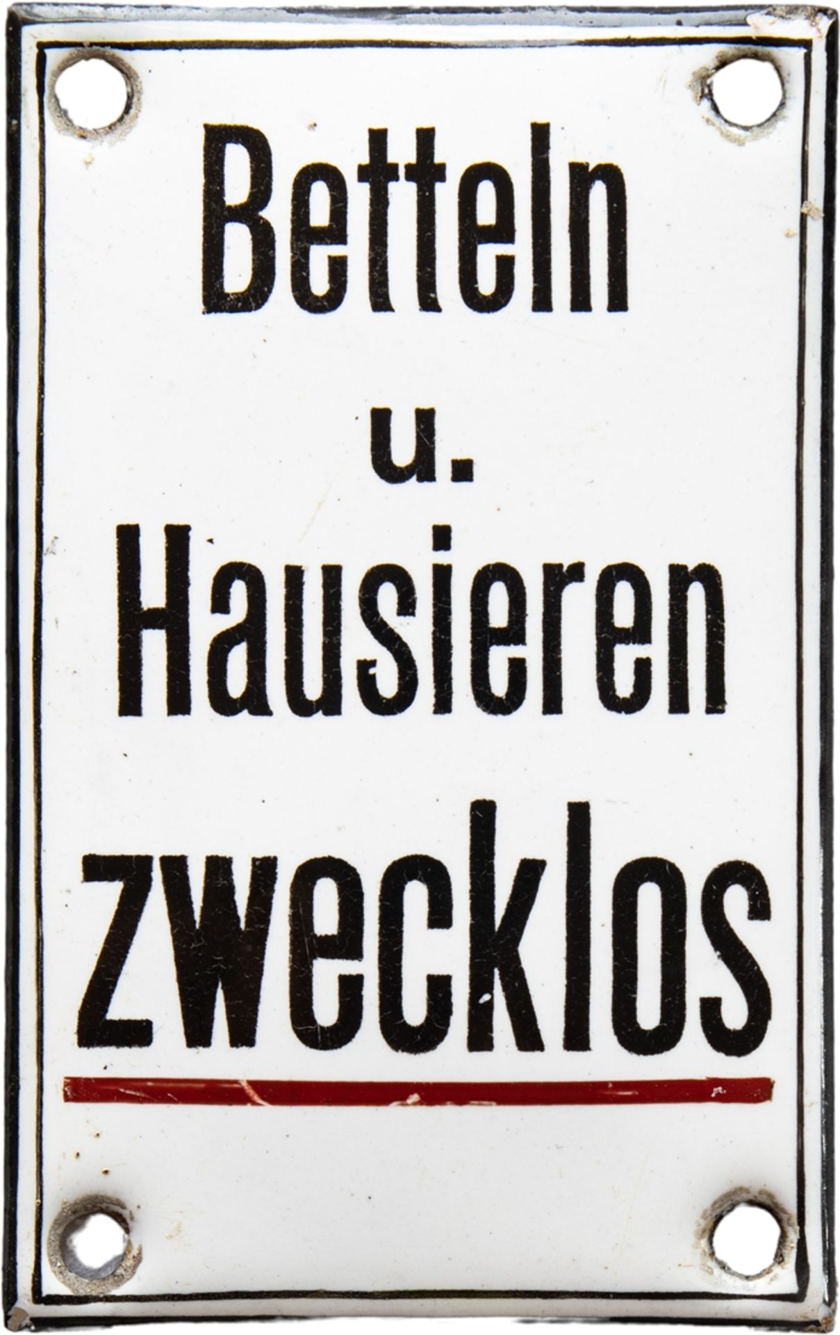 Enamel sign for begging and peddling, around 1920