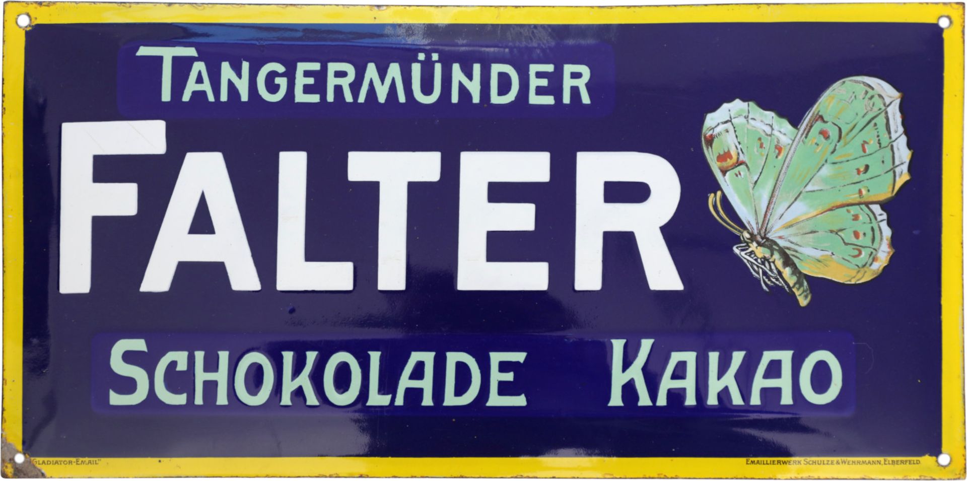 Enamel sign Tangermünder Falter Schokolade, around 1920