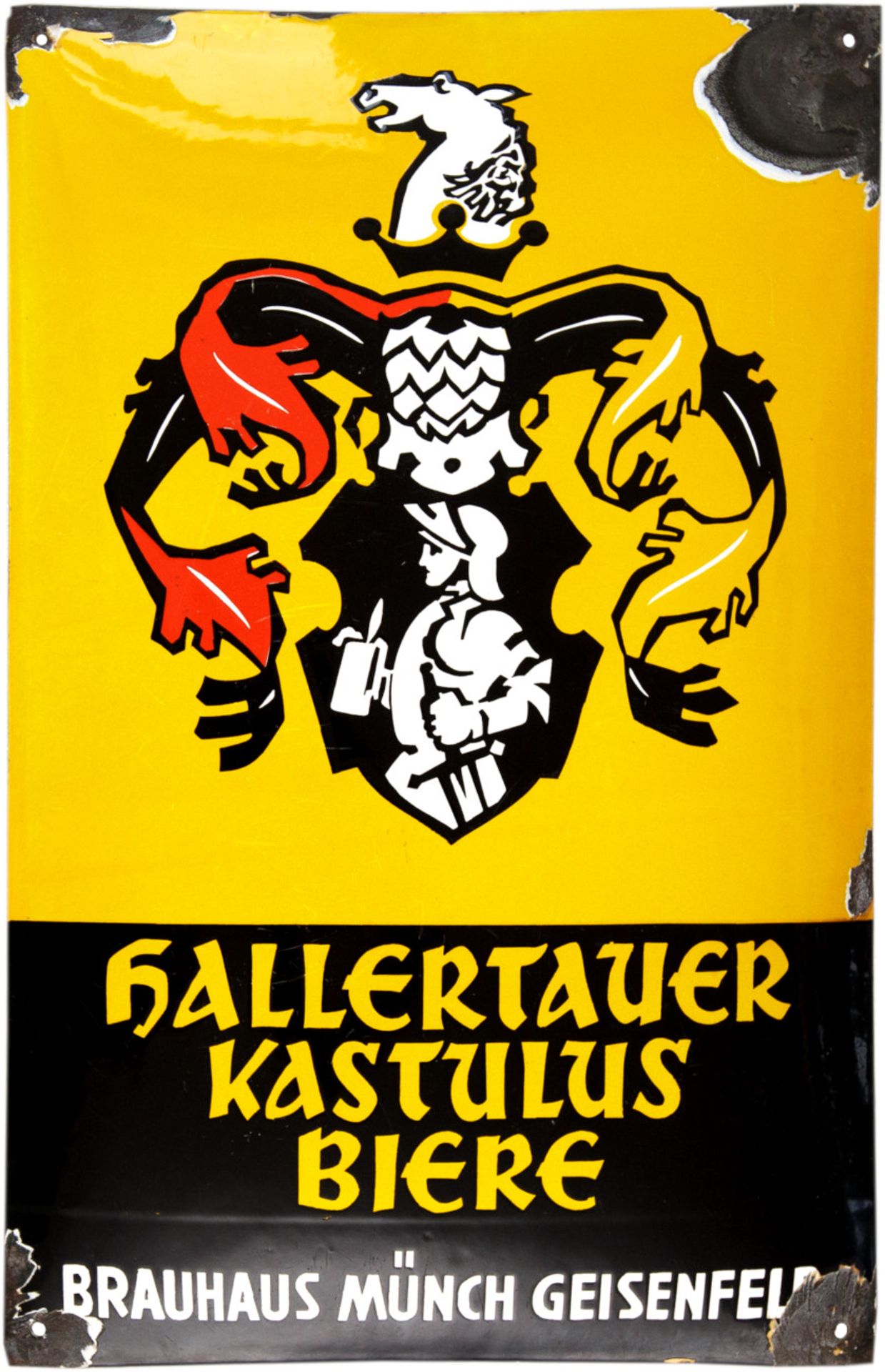 Emailschild Hallertauer Kastulus Biere, Brauhaus Münch, Geisenfeld, um 1930