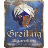 Emailschild Greiling Zigaretten, im Fundzustand, Dresden um 1920