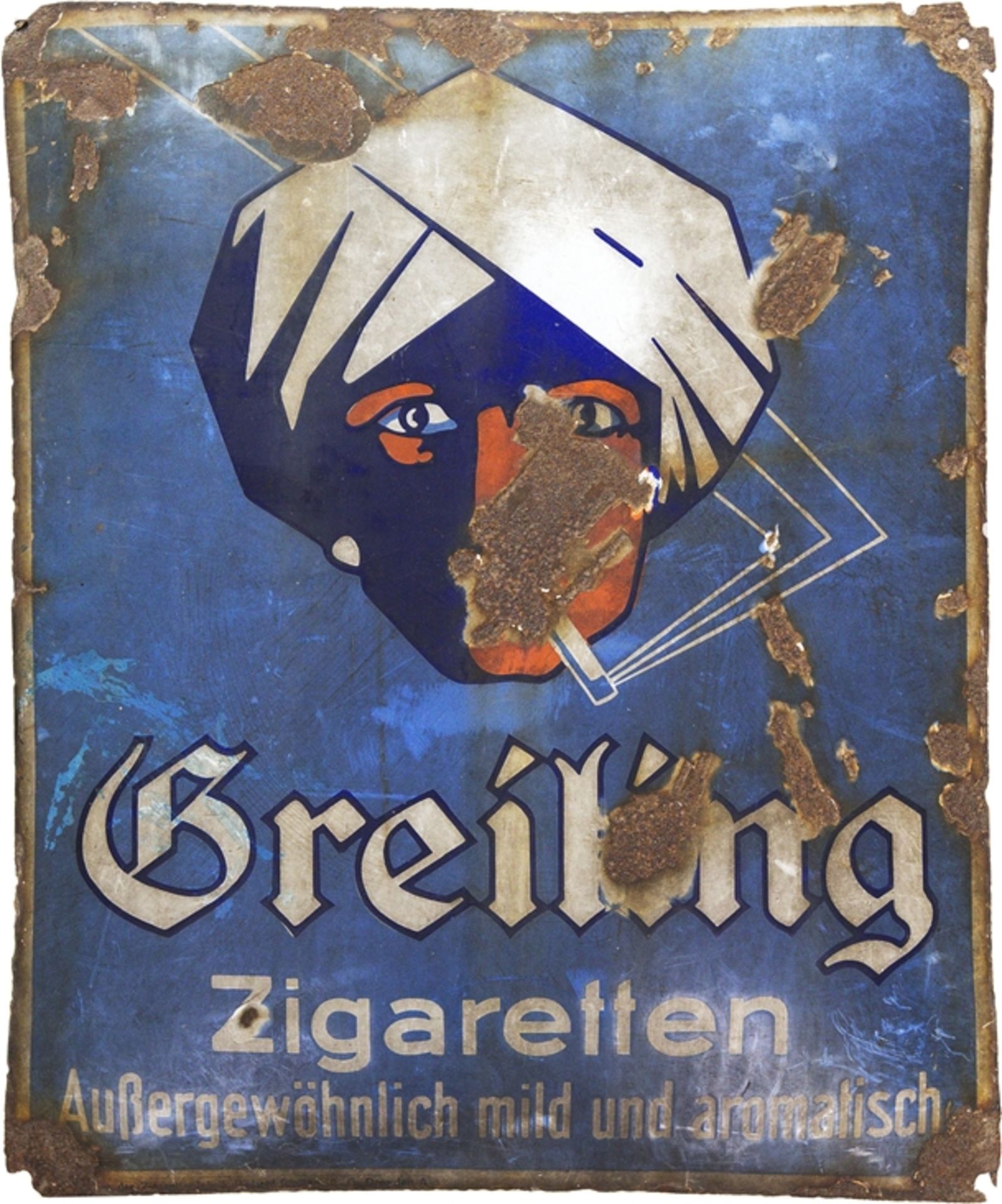 Enamel sign Greiling cigarettes, as found, Dresden around 1920