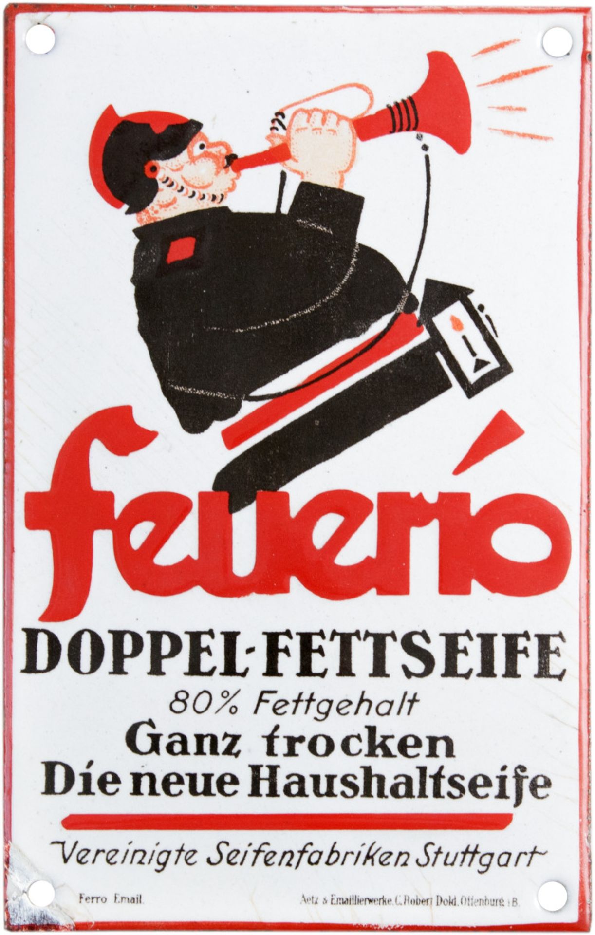 Emailschild Türschild Feuerio Seife, Stuttgart, um 1910