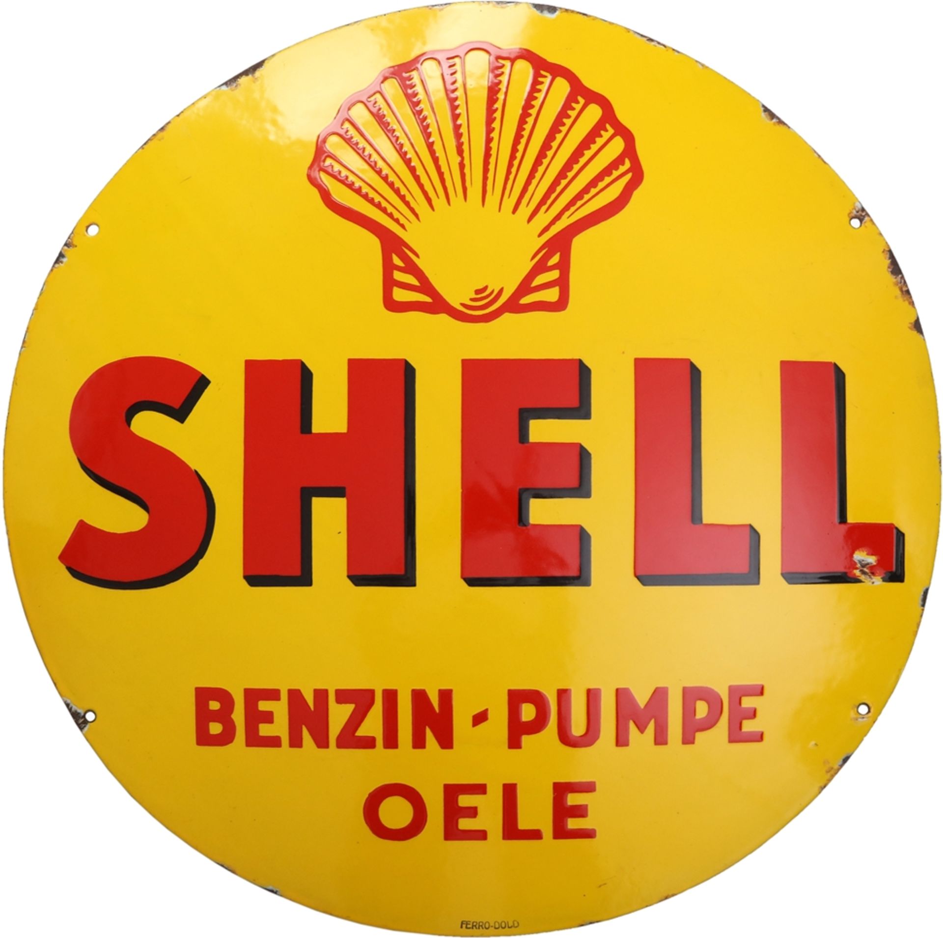 Emailschild Shell, Benzin, Pumpe, Oele, Hamburg, um 1930
