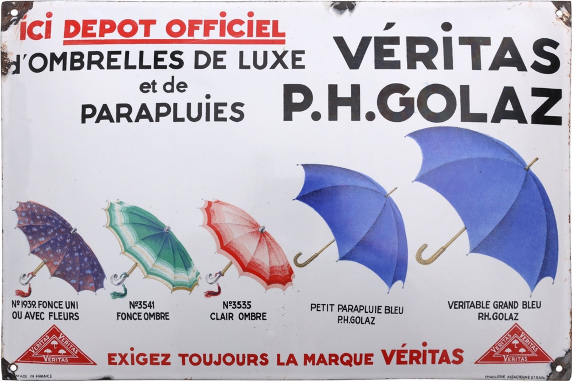 Enamel sign Veritas P.H. Golaz, umbrellas, Plaque emaillée, around 1940