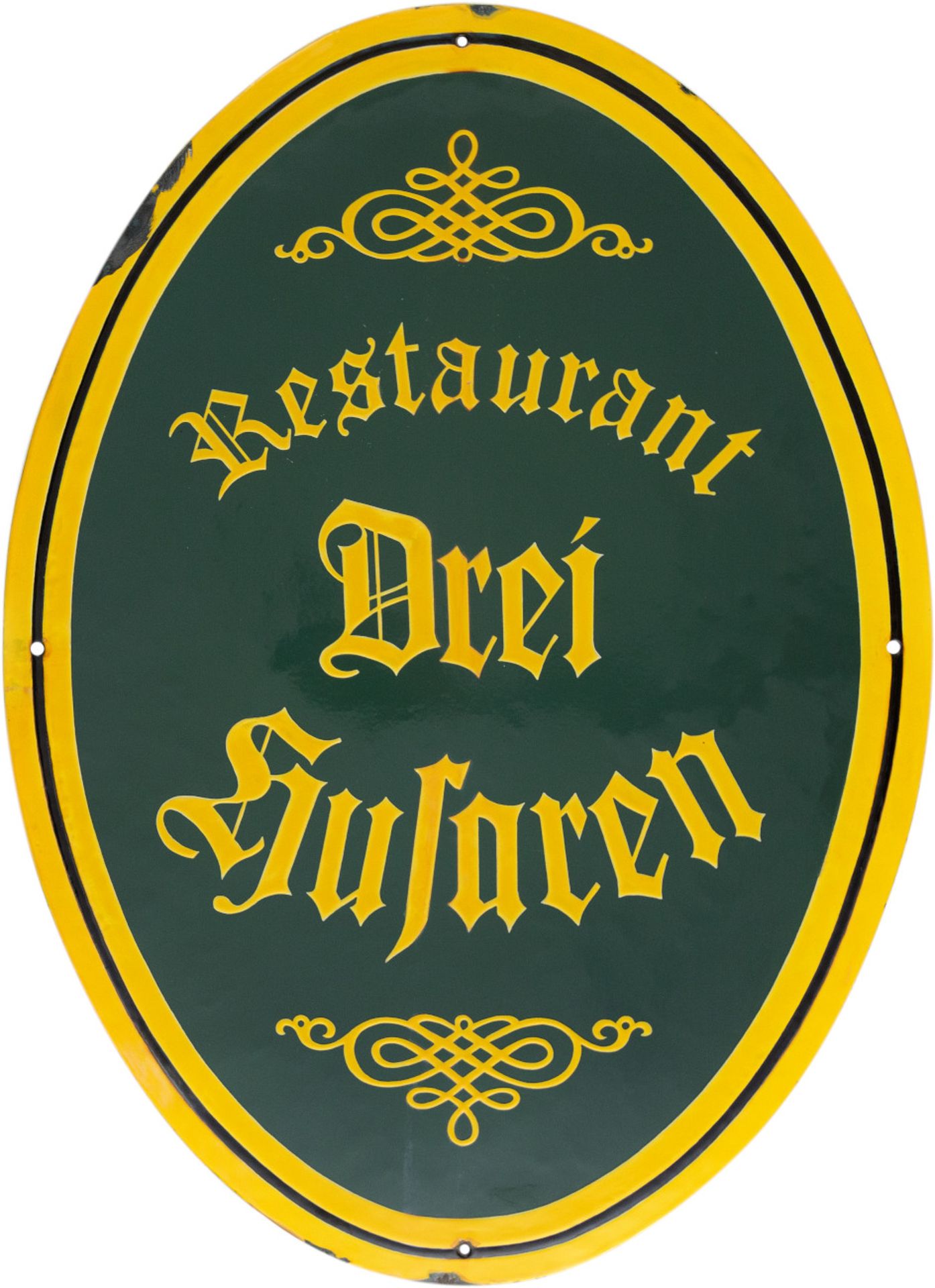 Emailschild Restaurant Drei Husaren, um 1930