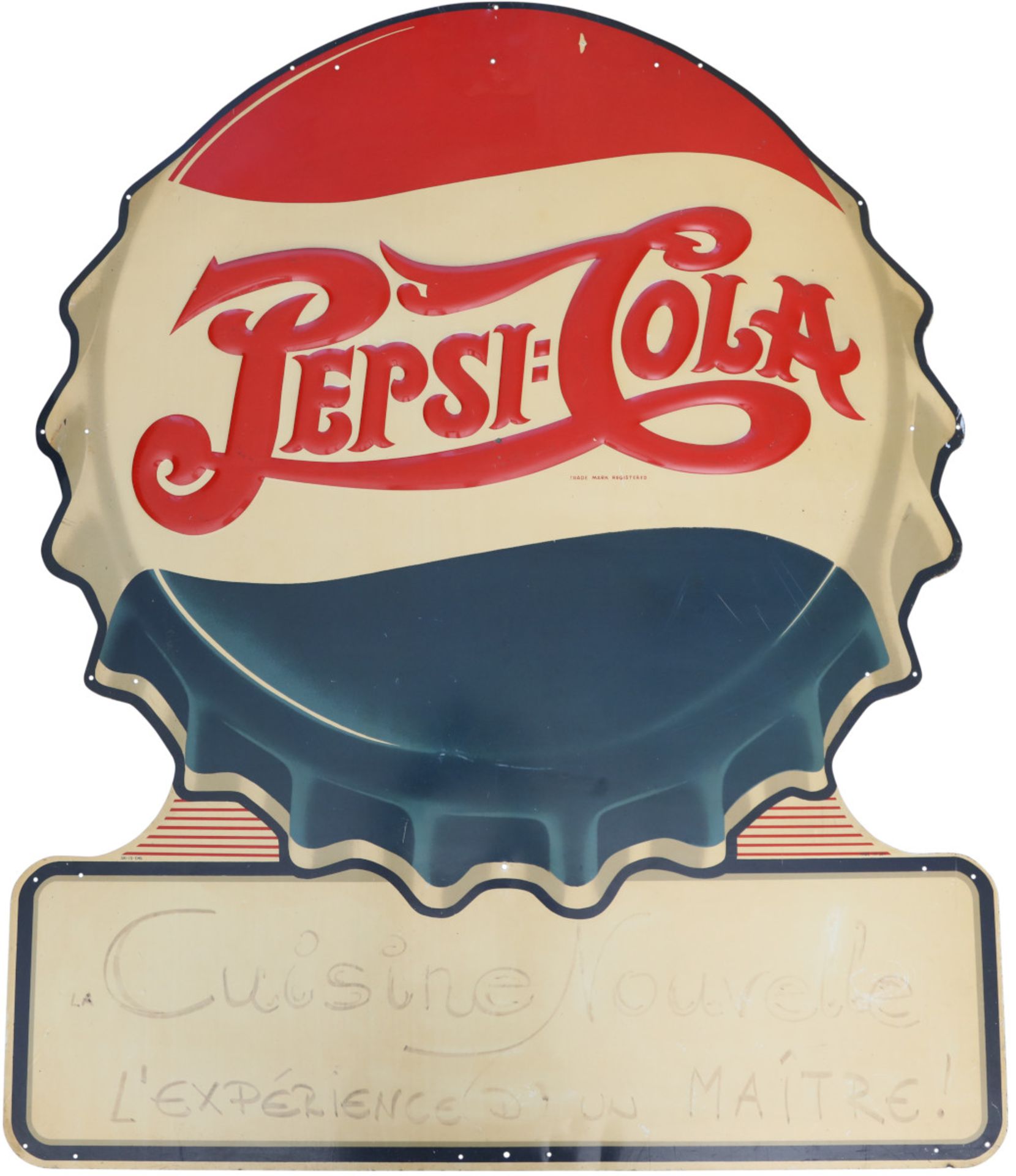 Large Pepsi crown cap tin sign, France, around 1950
