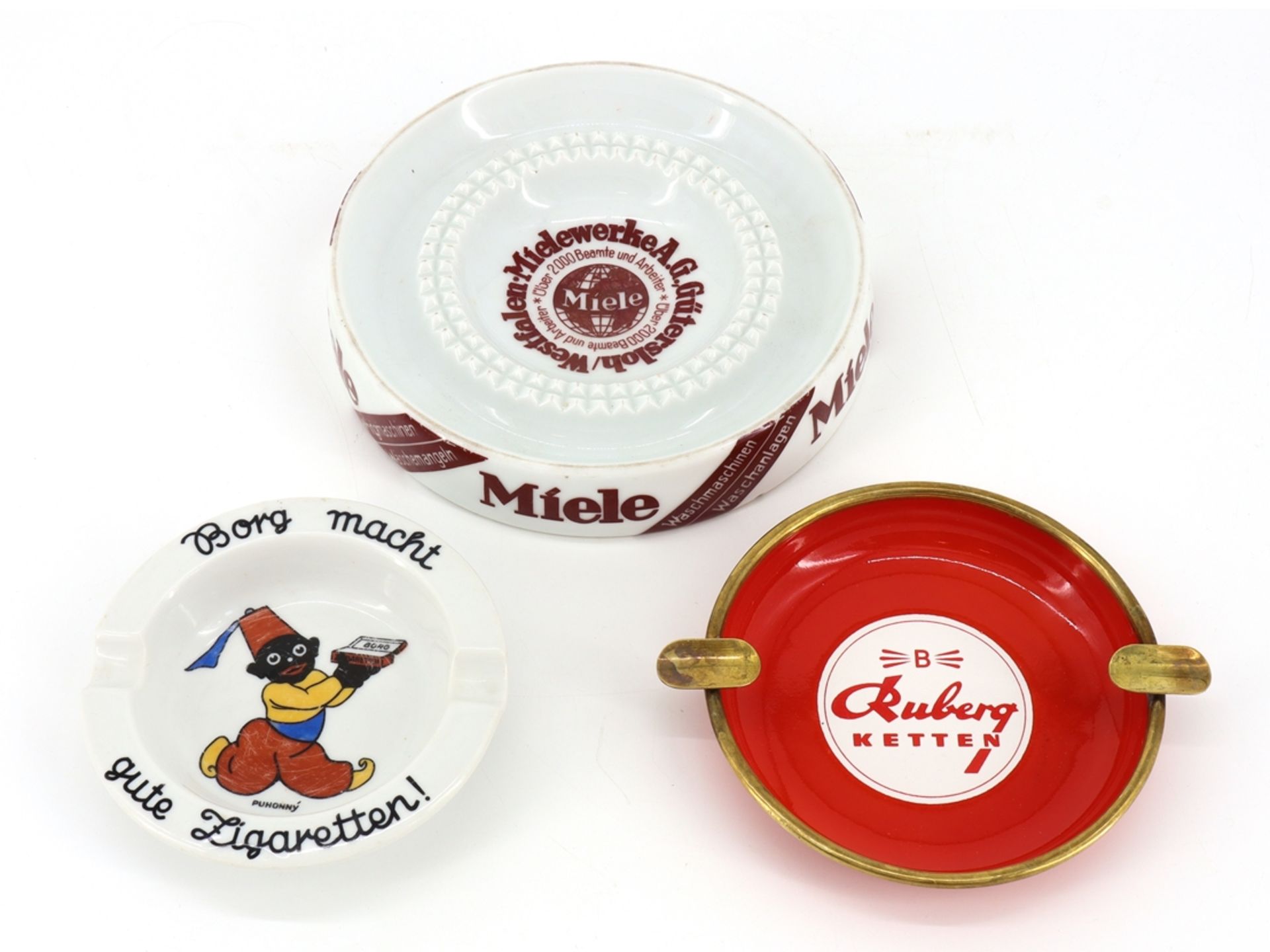 3 advertising ashtrays, Miele, Borg cigarettes, Ruberg Ketten, 1920-1950