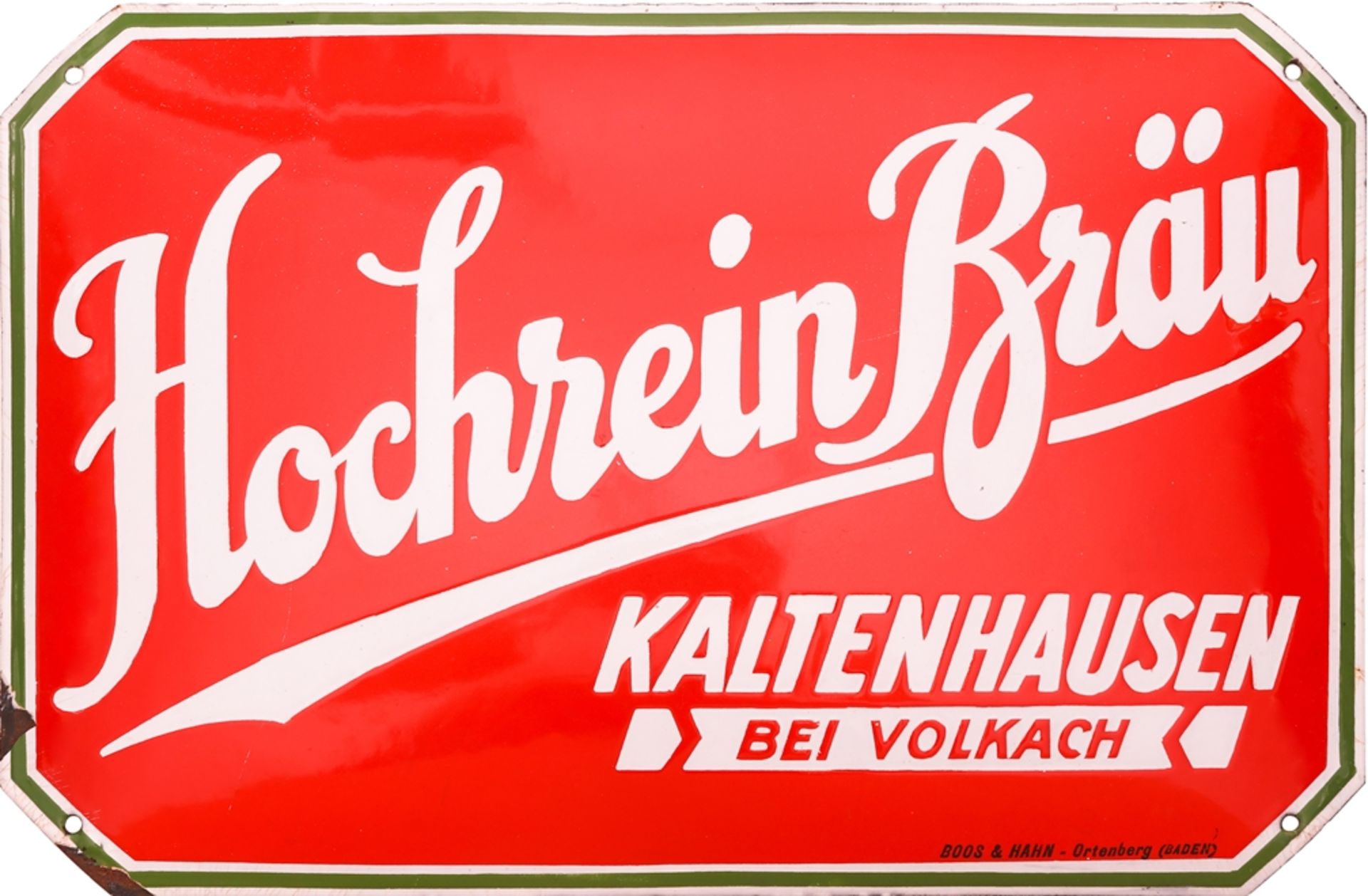 Emailschild Hochrein Bräu, Brauerei Kaltenhausen, bei Volkach, um 1930