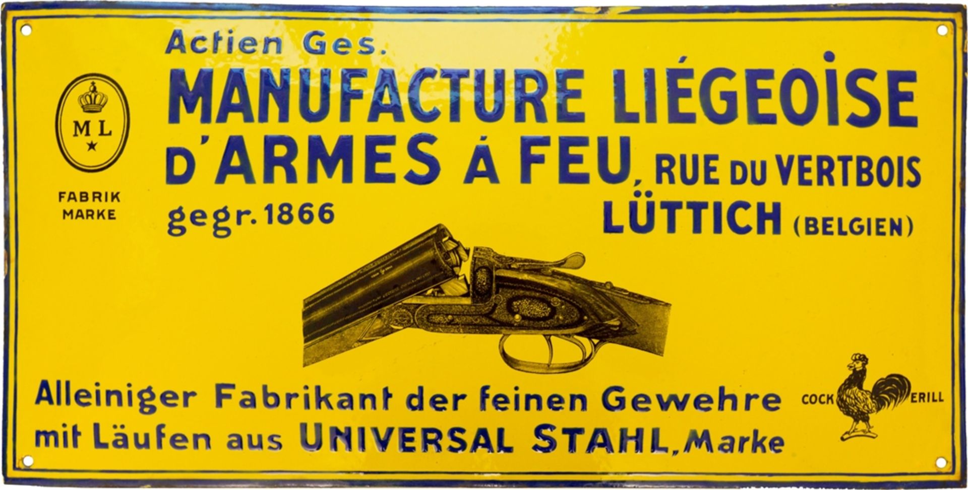 Enamel sign "Feine Gewehre" Manufacture Liegeoise d'armes a feu, Liège/Belgium around 1910