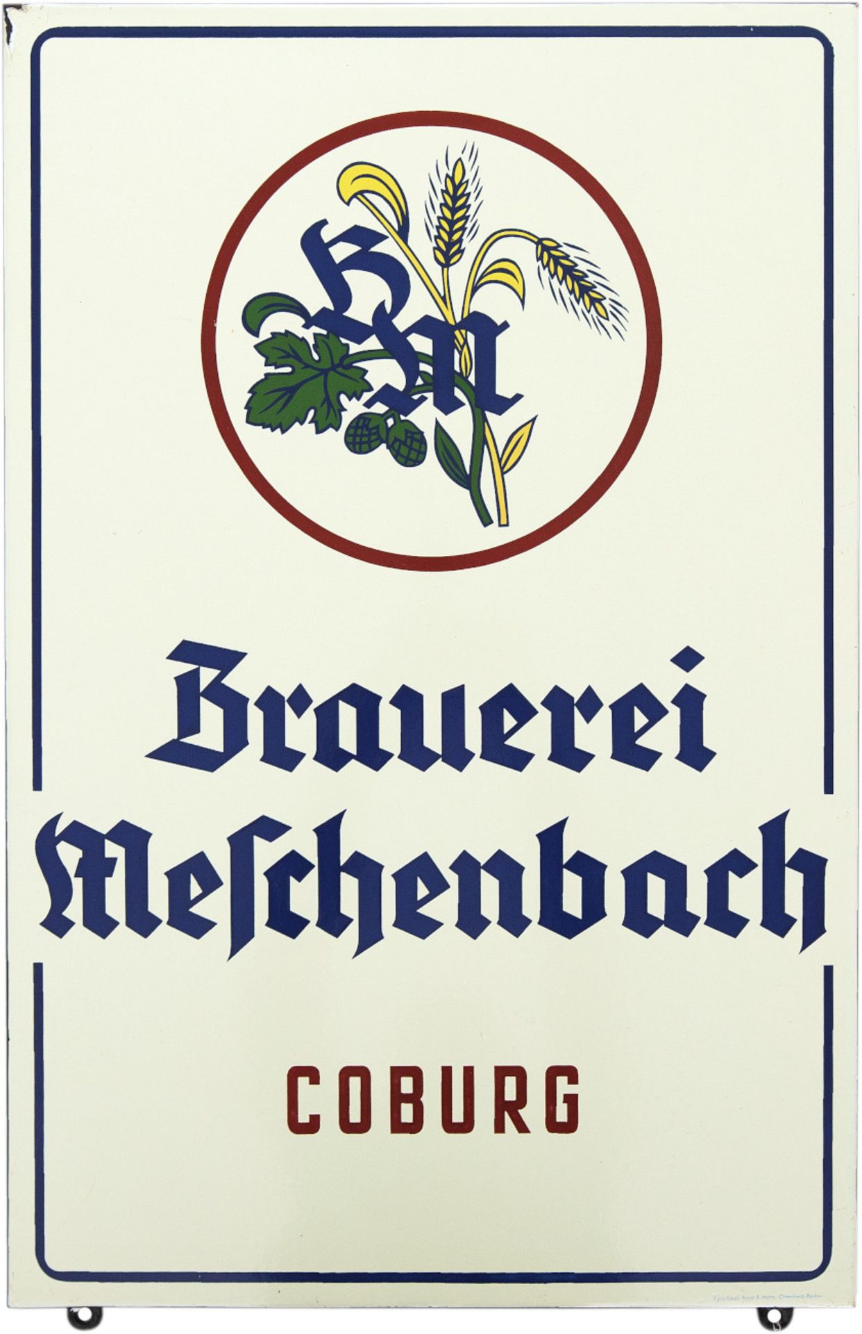 Emailschild Brauerei Meschenbach Coburg, um 1950