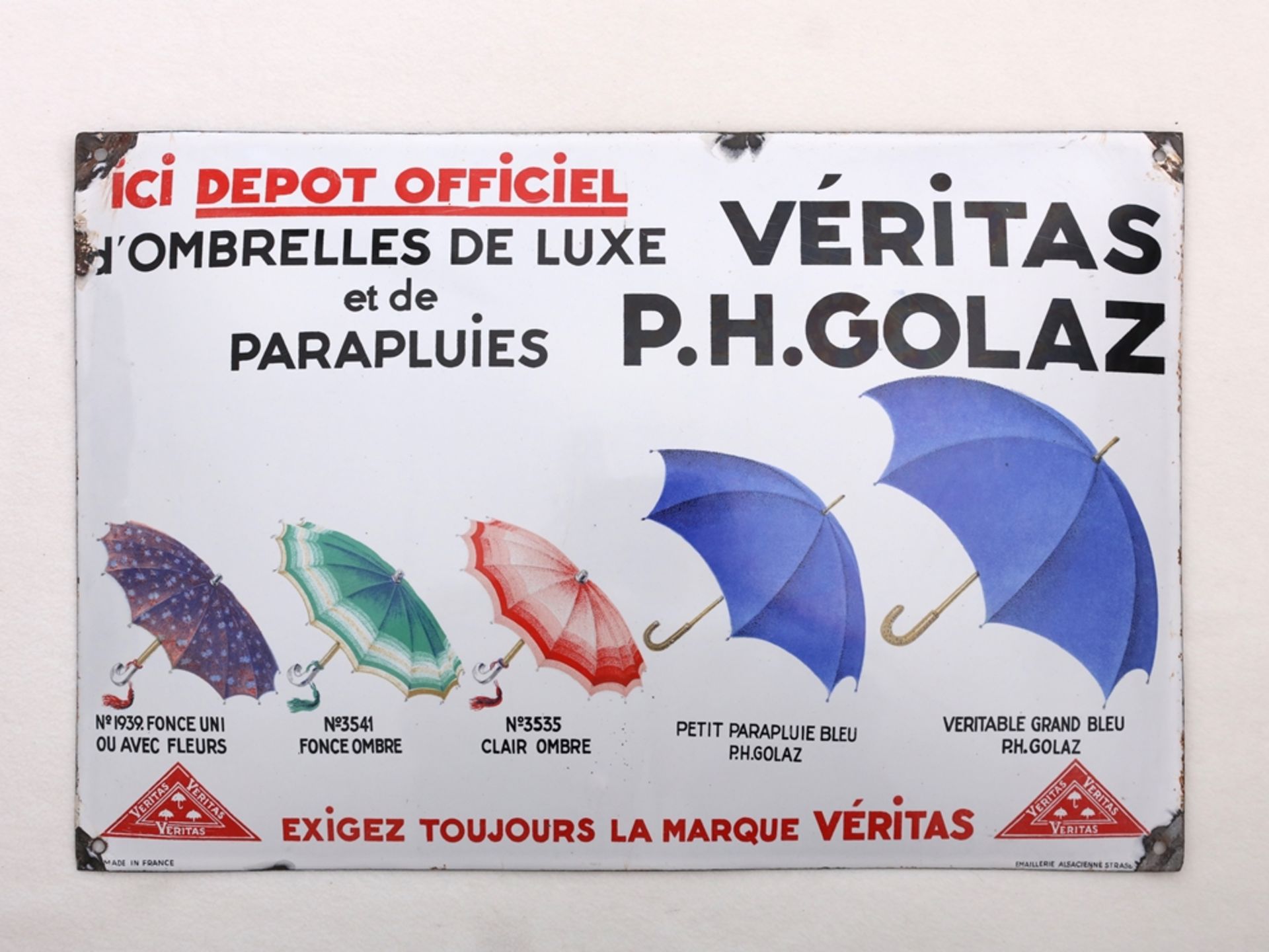 Enamel sign Veritas P.H. Golaz, umbrellas, Plaque emaillée, around 1940 - Image 7 of 7