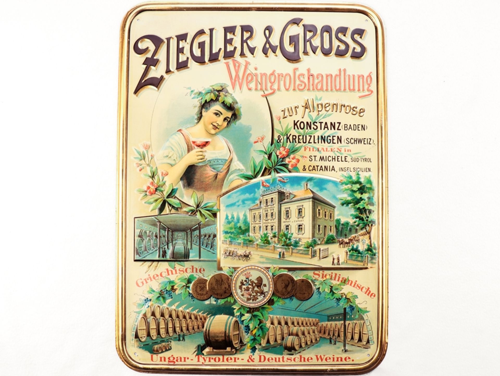 Blechschild Ziegler u. Gross Weingroßhandlung, Konstanz und Kreuzlingen (Schweiz), um 1900 - Bild 5 aus 5