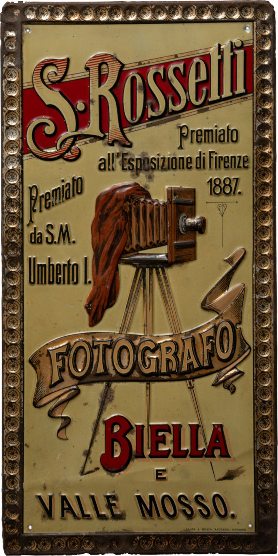 Blechschild S.Rosetti, Fotografo Biella/Italien, um 1900