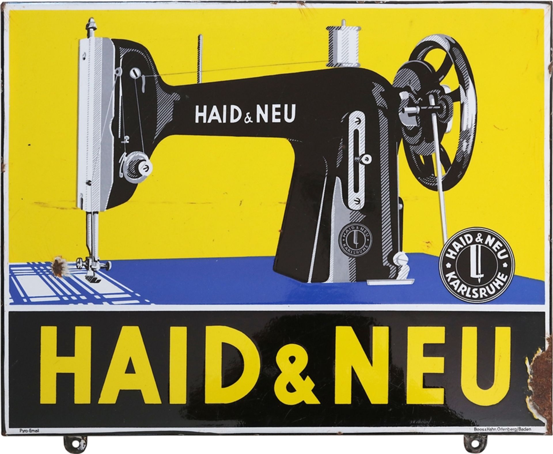 Enamel sign Haid und Neu sewing machines, Karlsruhe around 1950