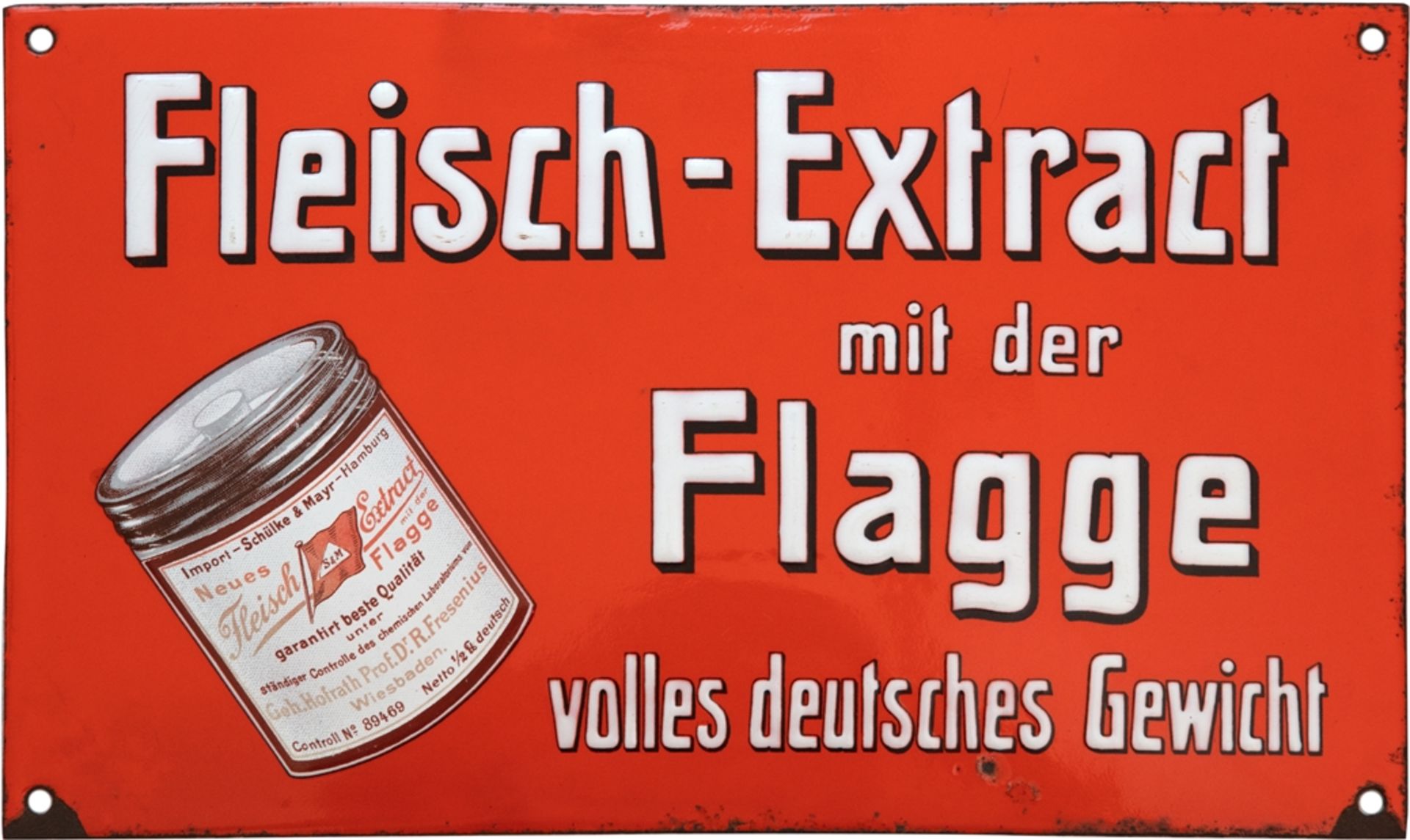 Emailschild Fleisch Extract mit der Flagge, Hamburg, um 1900