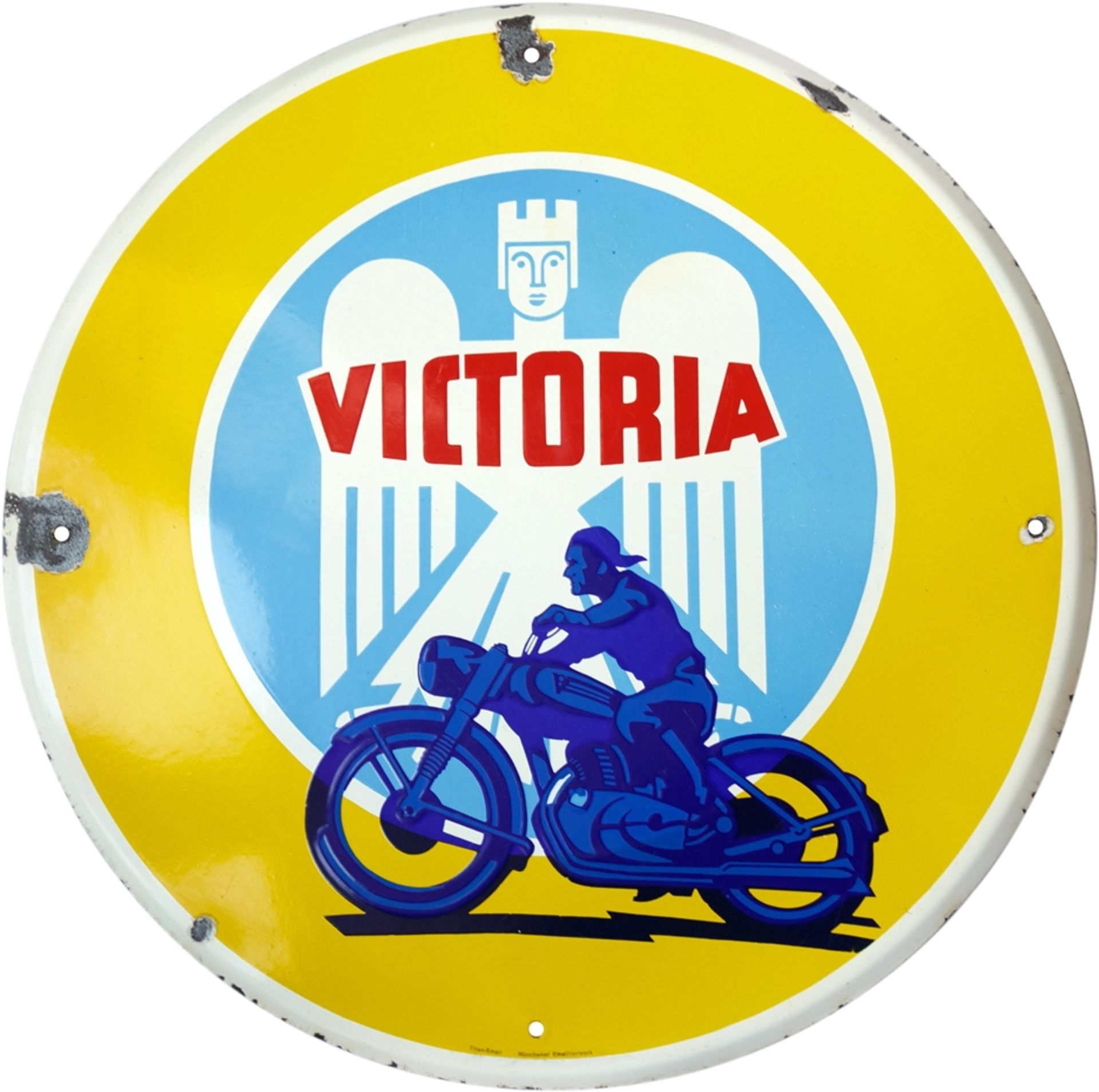 Emailschild Victoria Motorräder, Nürnberg, um 1930