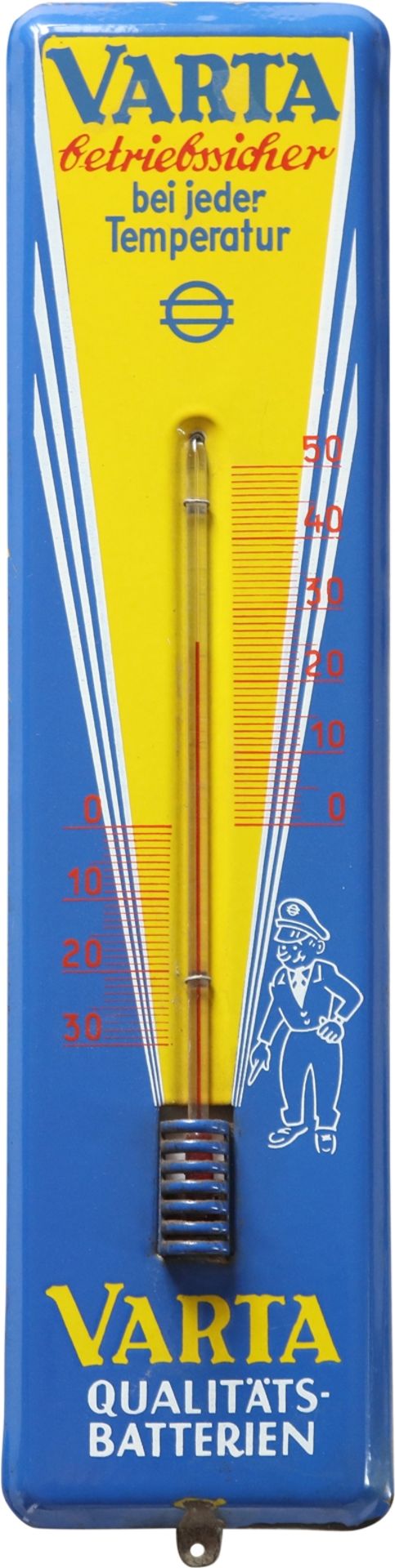 Enamel sign thermometer Varta batteries, Hagen-Wehringhausen, around 1960
