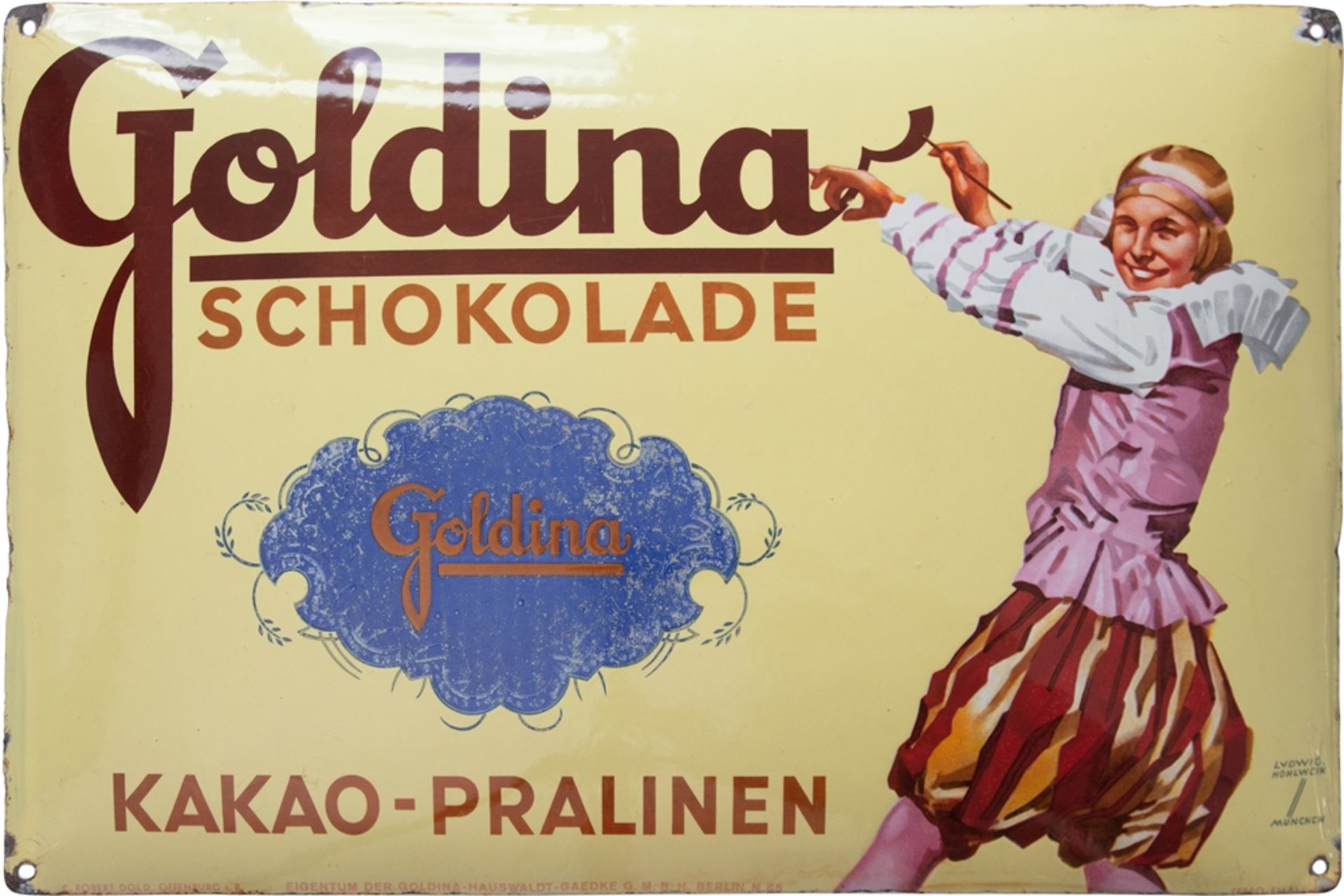 Enamel sign Goldina Schokolade, Ludwig Hohlwein, Berlin around 1920, condition 2