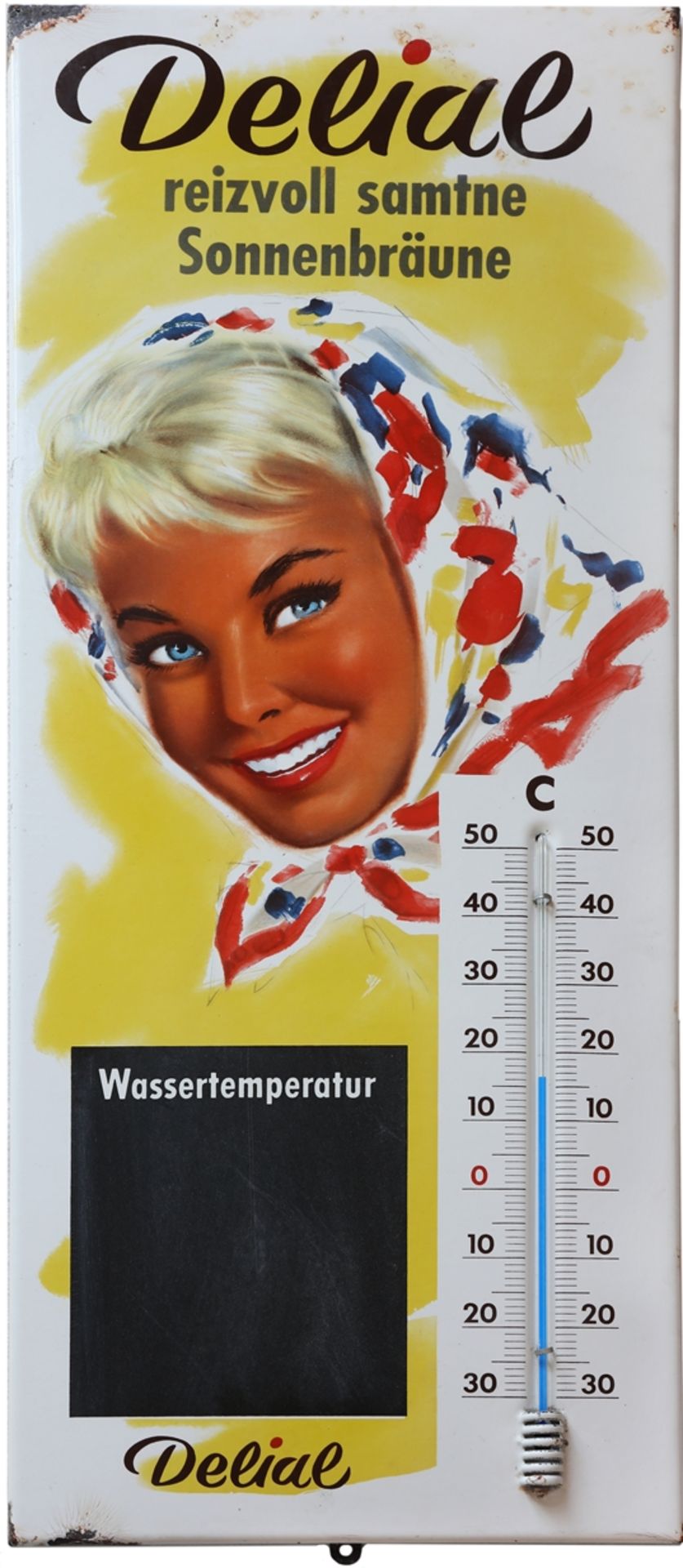 Emailschild Thermometer Delial - reizvoll samtne Sonnenbräune, Leverkusen, um 1950