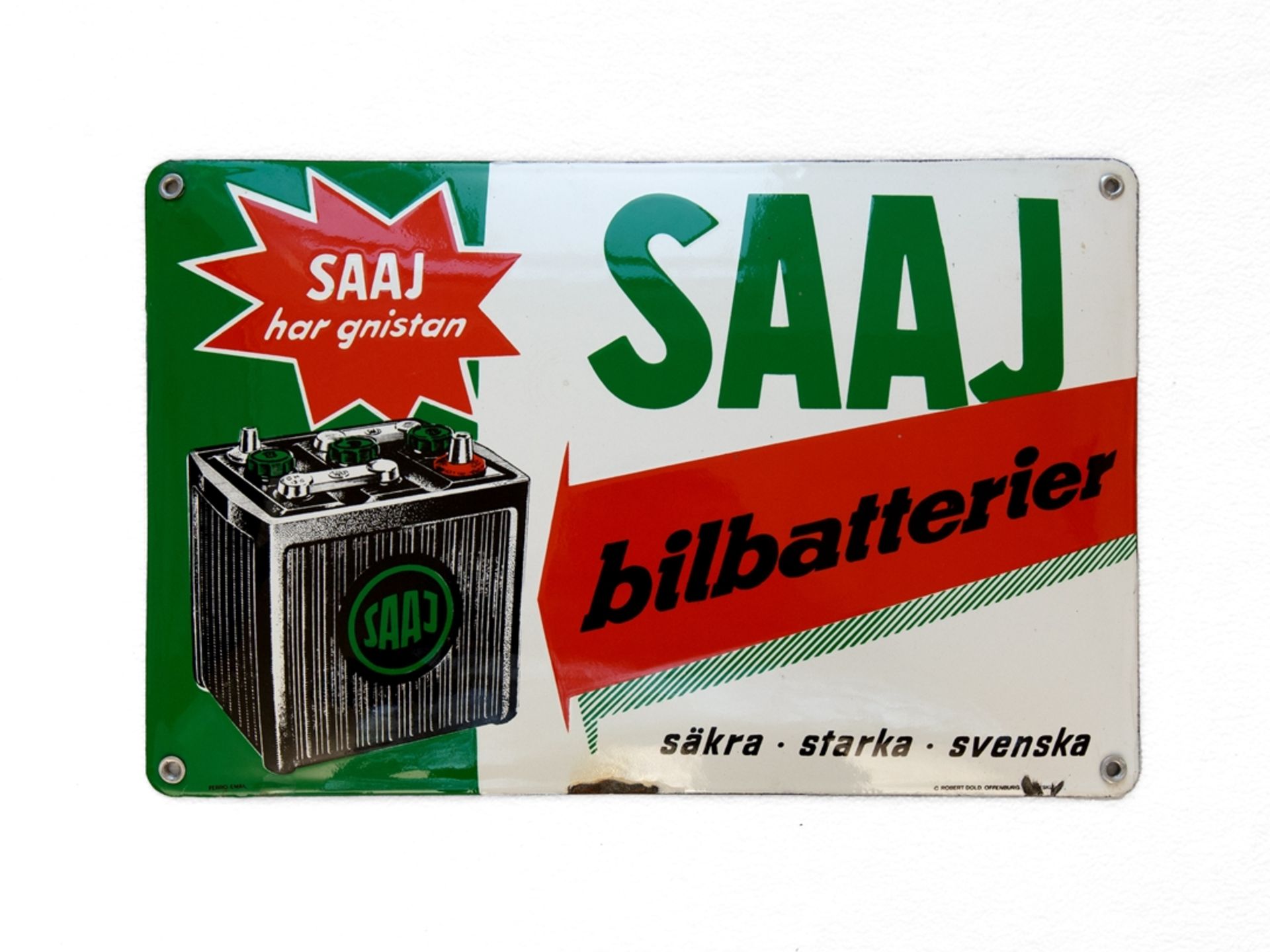 Enamel sign SAAJ bilbatterier battery Sweden, around 1930 - Image 7 of 7