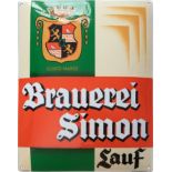 Emailschild Brauerei Simon, Traumzustand "0", Lauf an der Pegnitz, um 1930