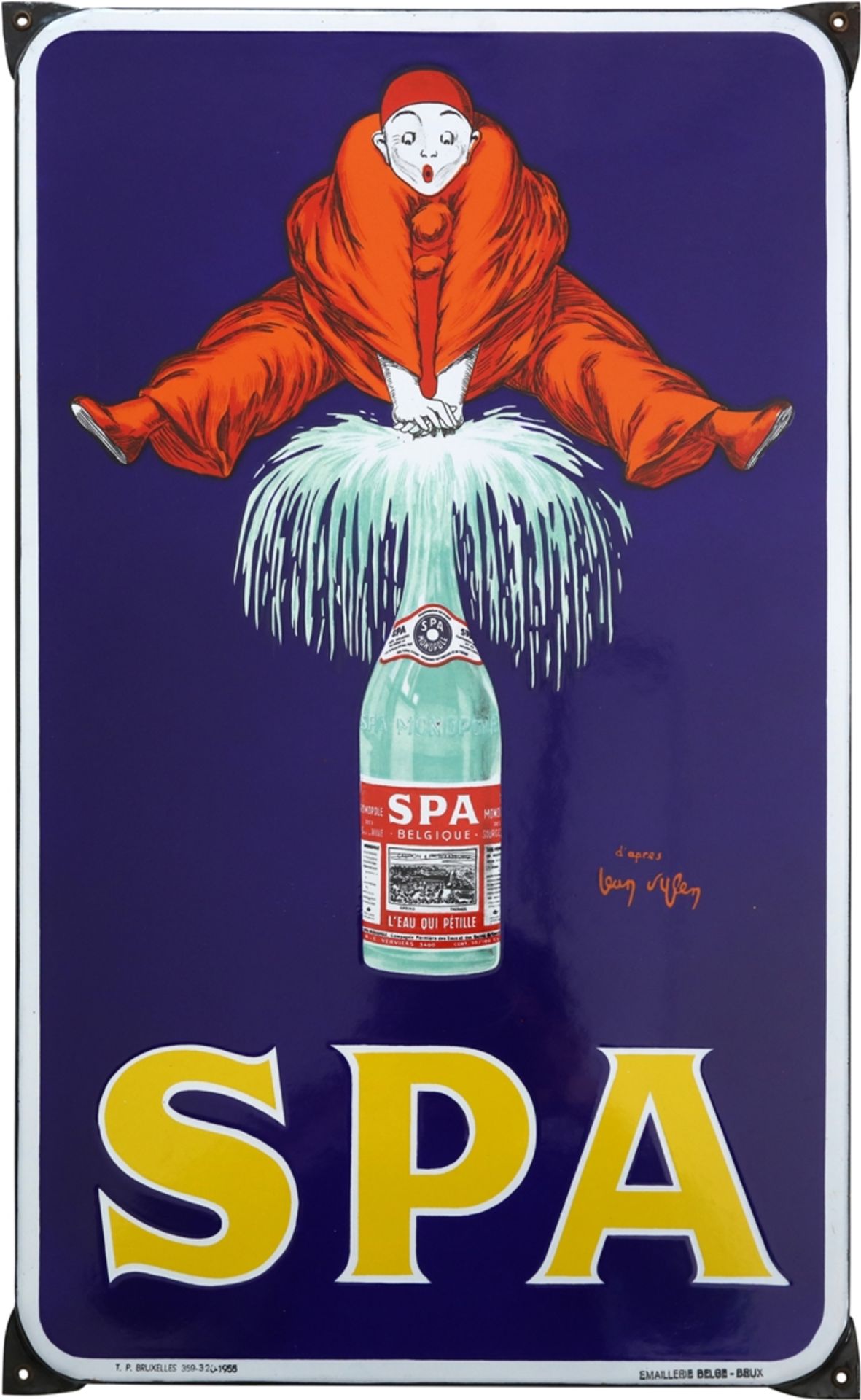 Enamel sign SPA in dream condition! Jean D'YLEN, Belgium, dated 1955