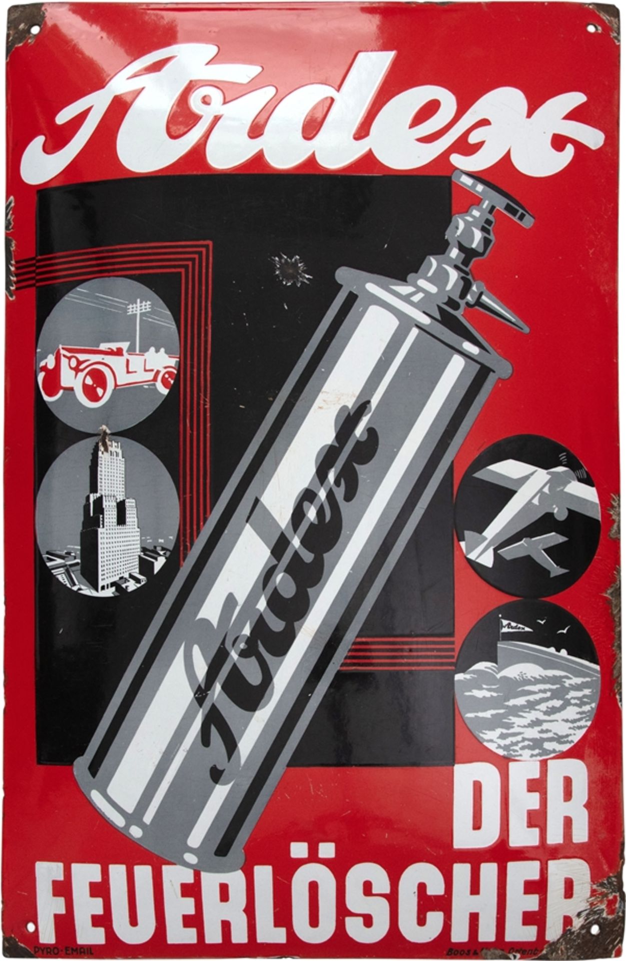 Enamel sign Ardex the fire extinguisher, around 1930 