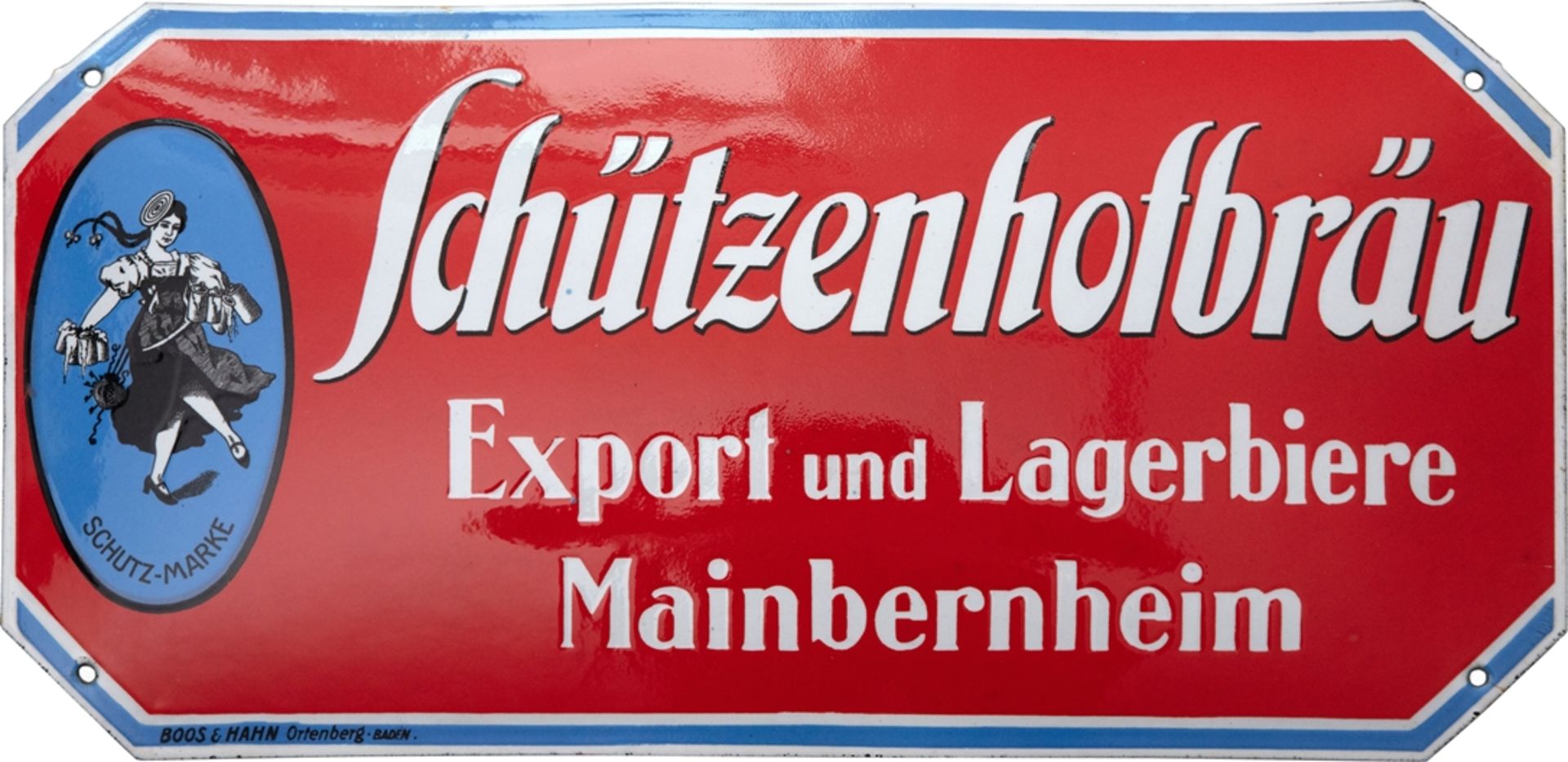 Emailschild Schützenhofbräu, Traumzustand! Mainbernheim bei Kitzingen, um 1920