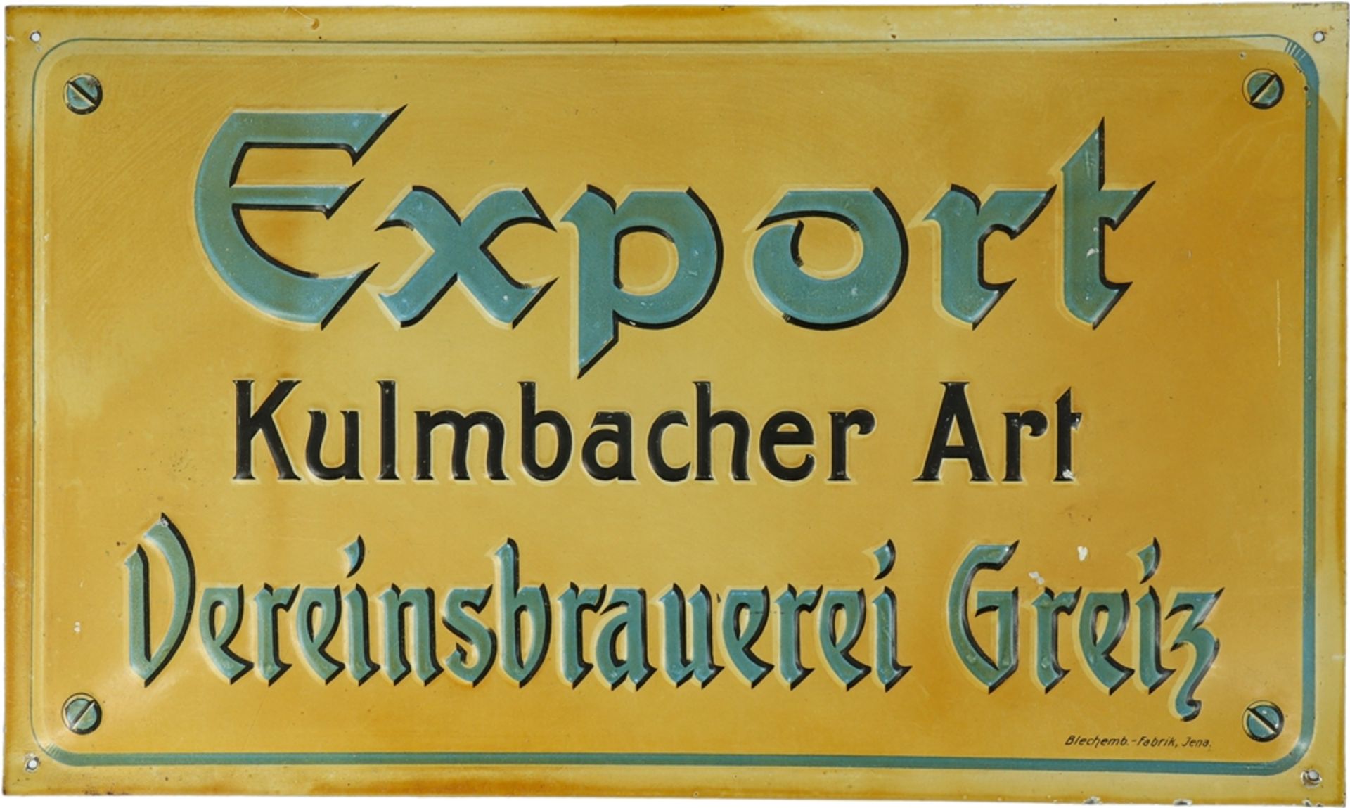Tin sign Export Kulmbacher Art, Vereinsbrauerei Greiz, around 1930