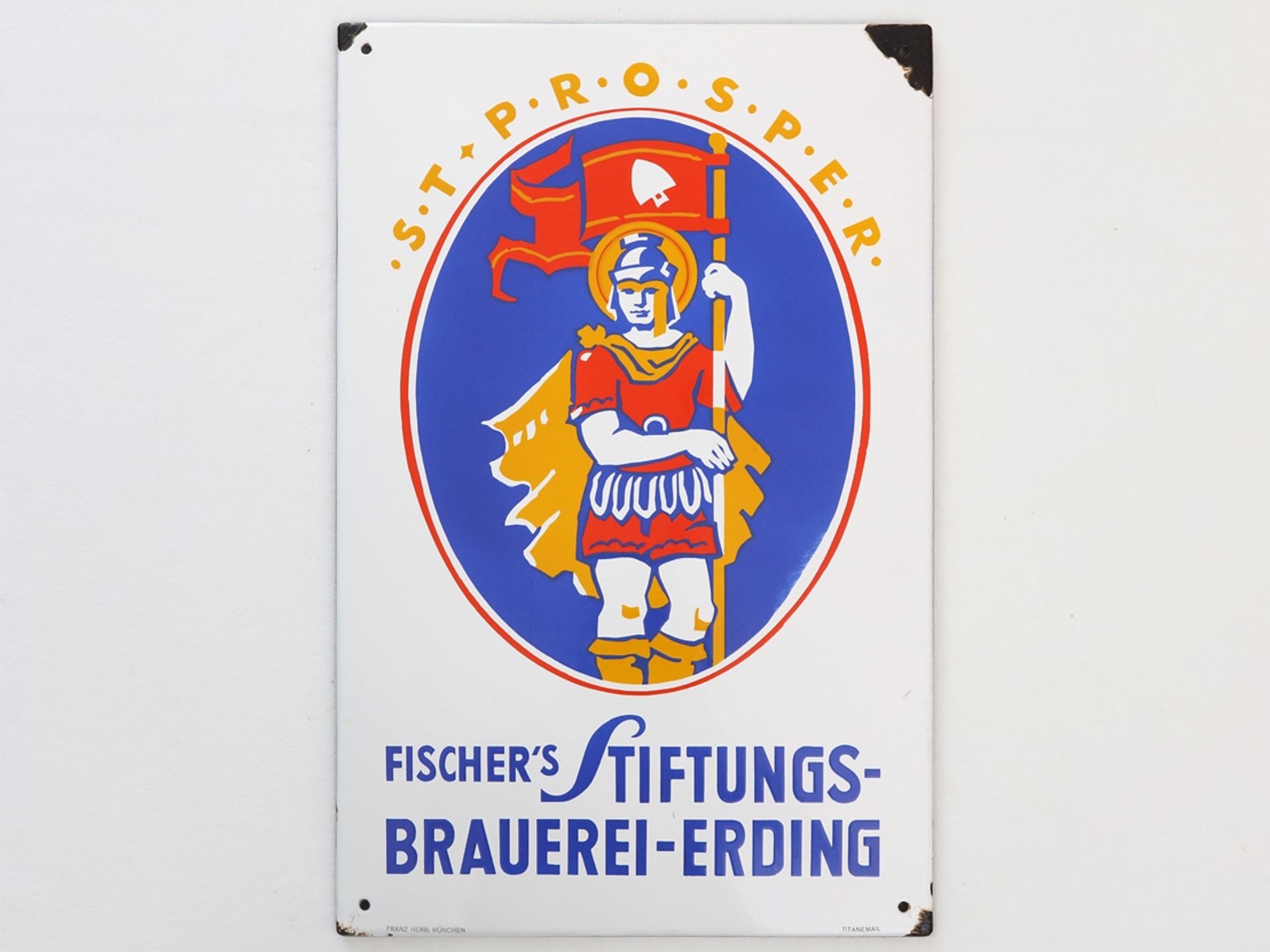 Emailschild Fischer's Stiftungs-Brauerei Erding bei München, um 1950 - Bild 7 aus 7