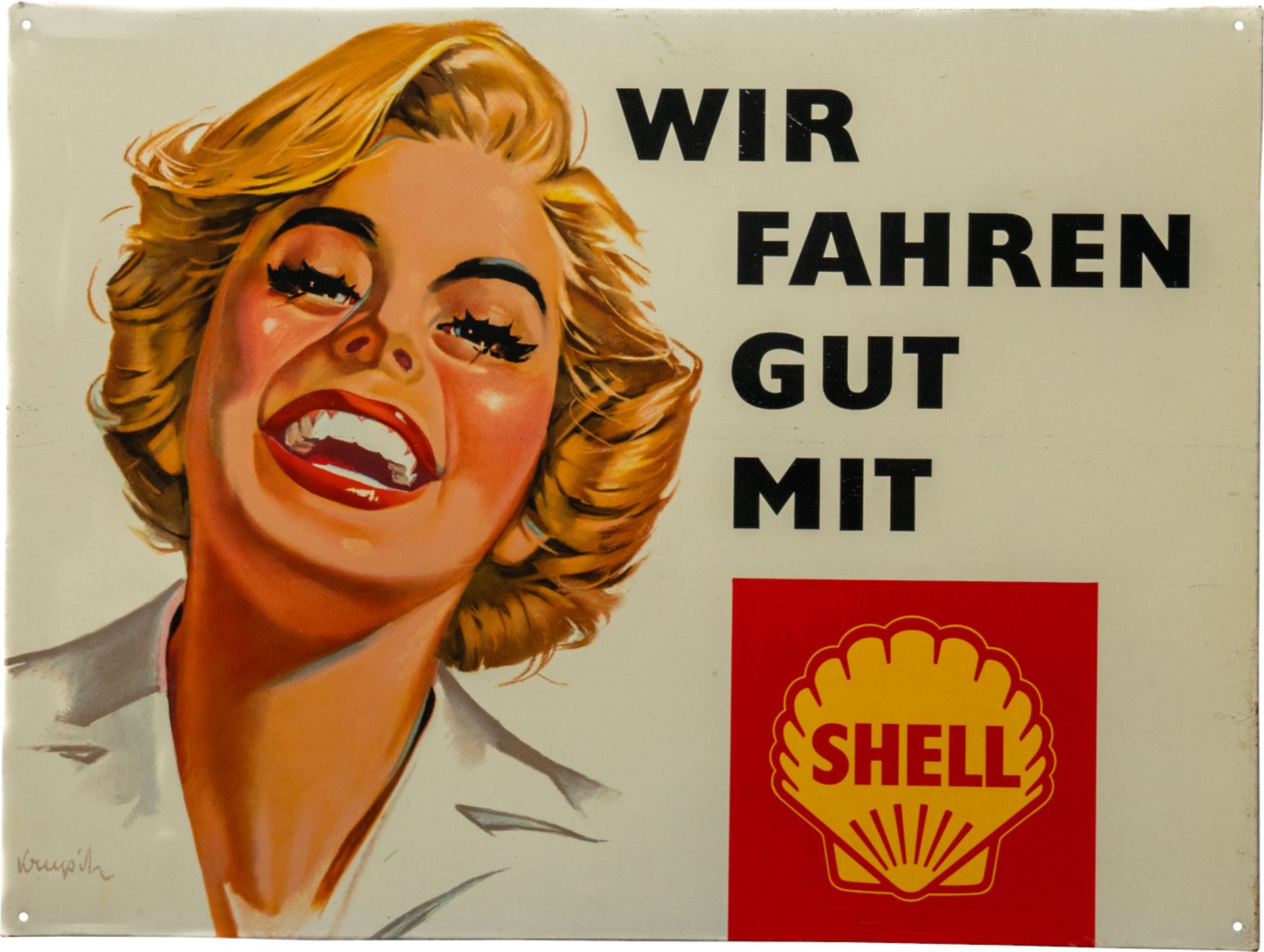 Blechschild Shell im Traumzustand! Signiert, Hamburg, um 1950
