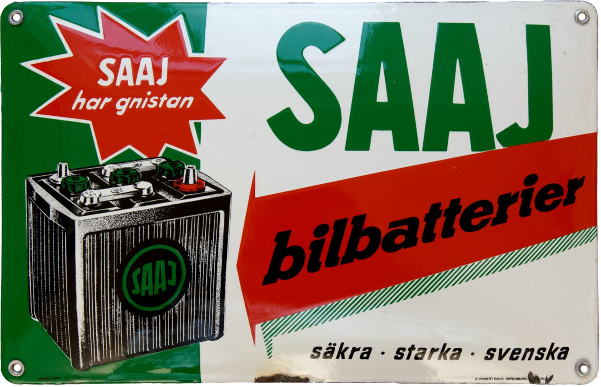Emailschild SAAJ bilbatterier Batterie Schweden, um 1930