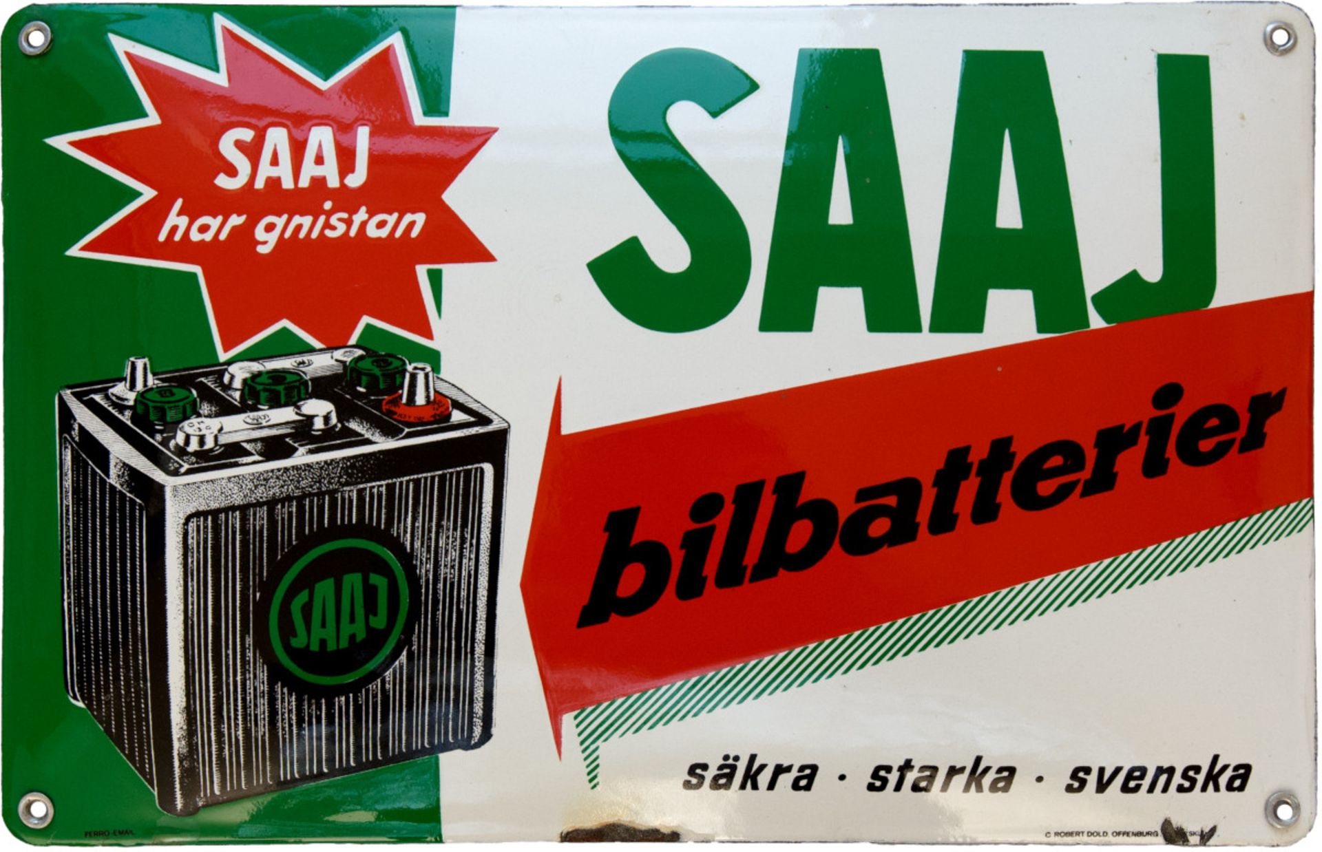 Enamel sign SAAJ bilbatterier battery Sweden, around 1930