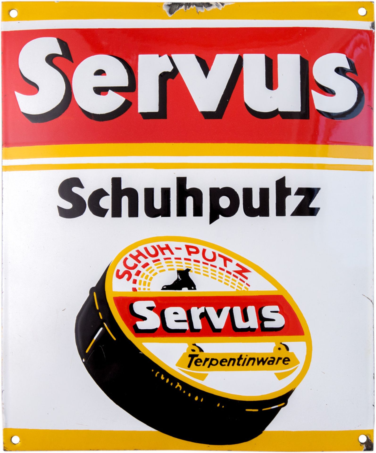 Emailschild Servus Schuhputz, Terpentinware, um 1920