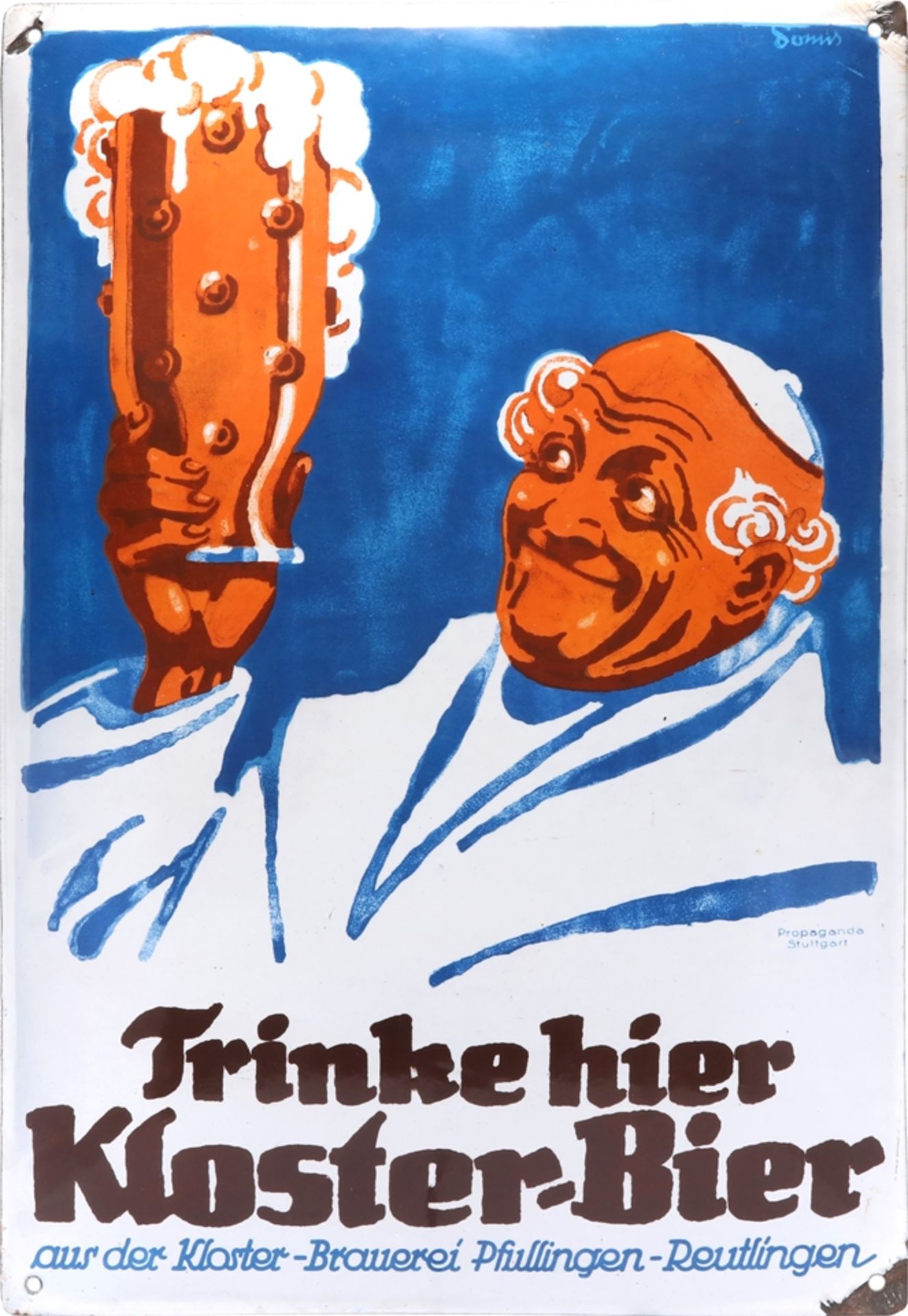 Emailschild Trinke hier Kloster Bier, Pfullingen-Reutlingen, um 1920