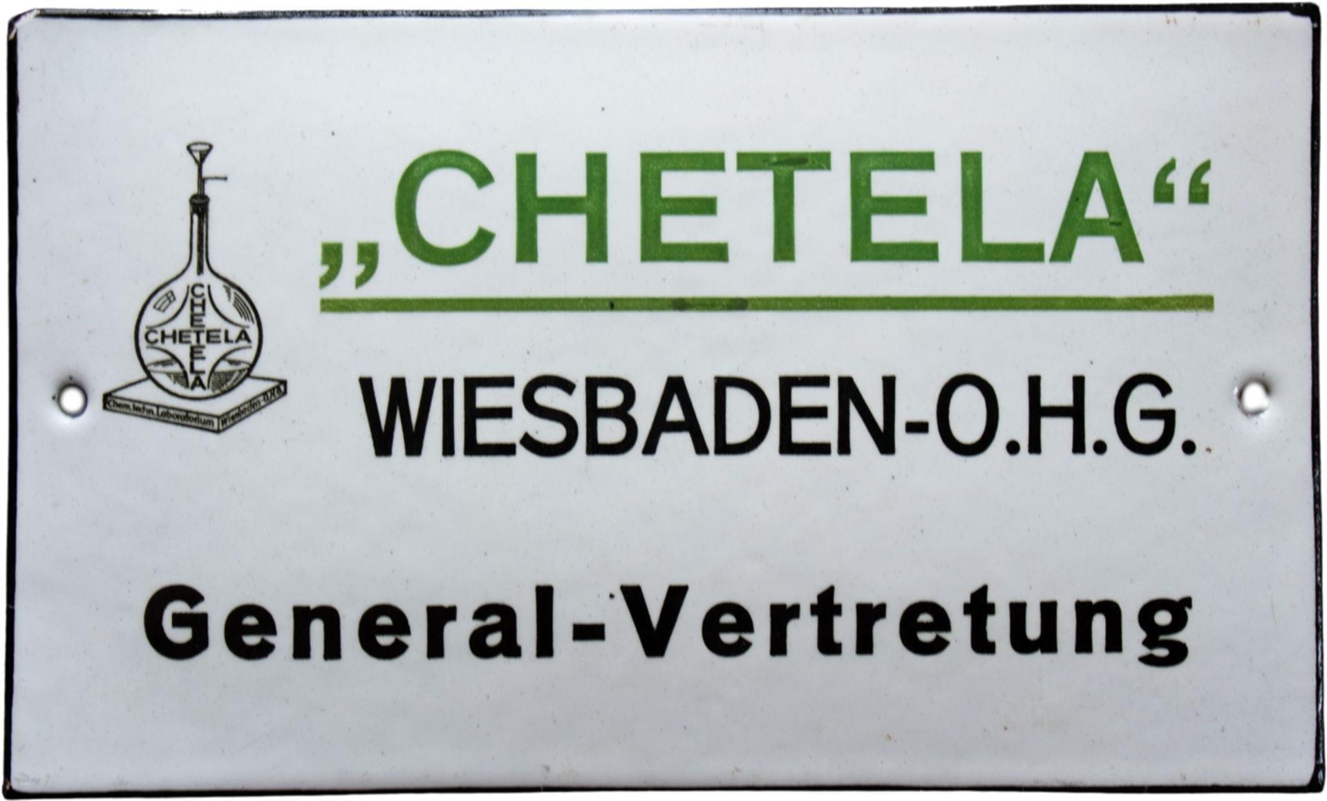 Emailschild Chetela Wiesbaden Generalvertretung, um 1930