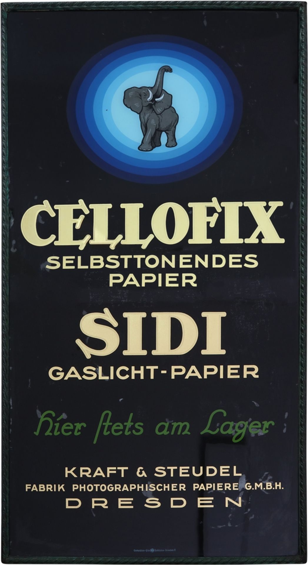 Glasschild Cellofix Sidi-Gaslicht, Dresden, um 1910