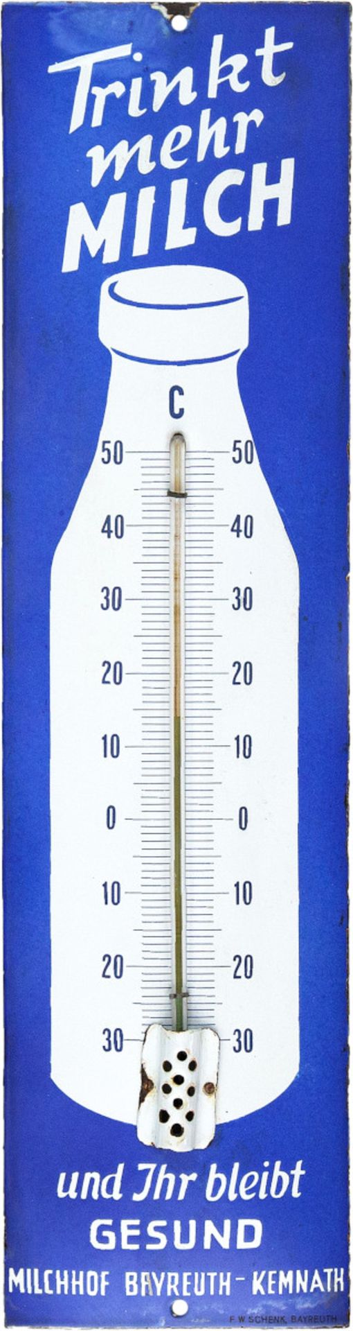 Enamel sign Drink more milk Thermometer, Bayreuth, around 1950