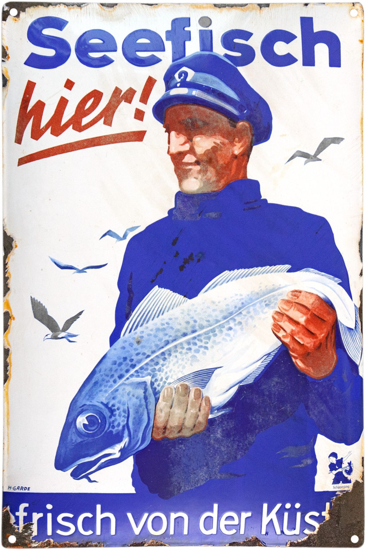 Enamel sign Sea fish here fresh from the coast, around 1930