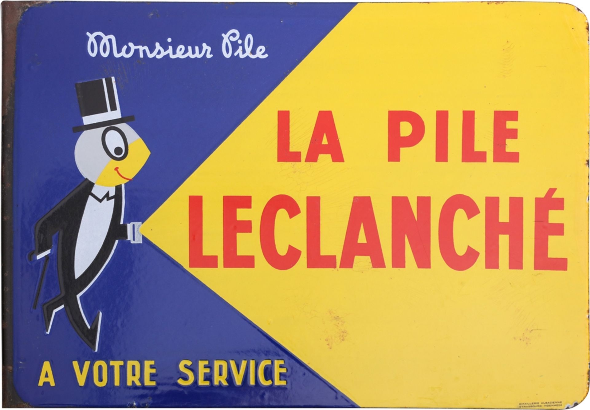 Emailschild La Pile Leclanché, Frankreich um 1950