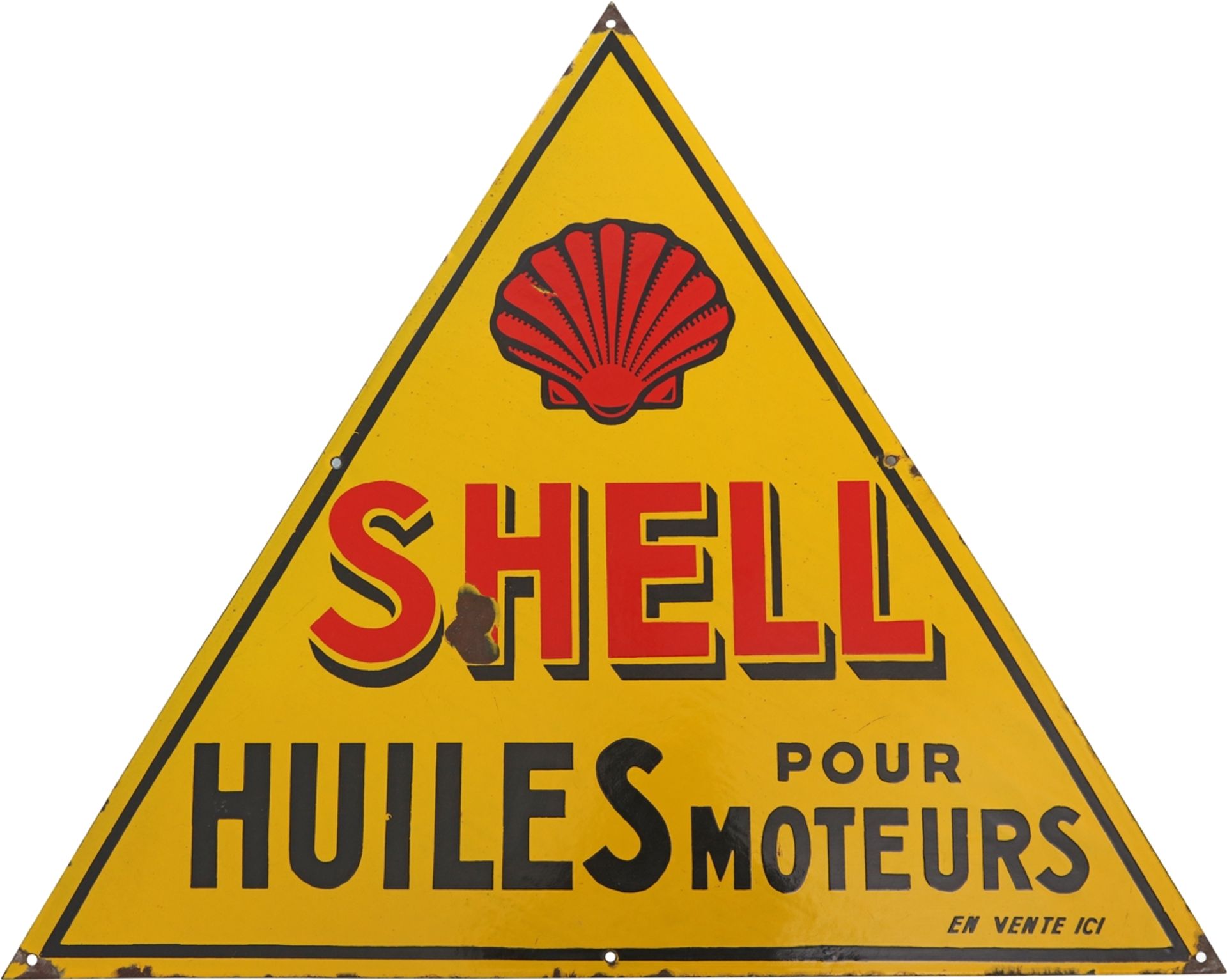 Emailschild Shell Dreieck Frankreich, huiles pour moteurs, um 1930